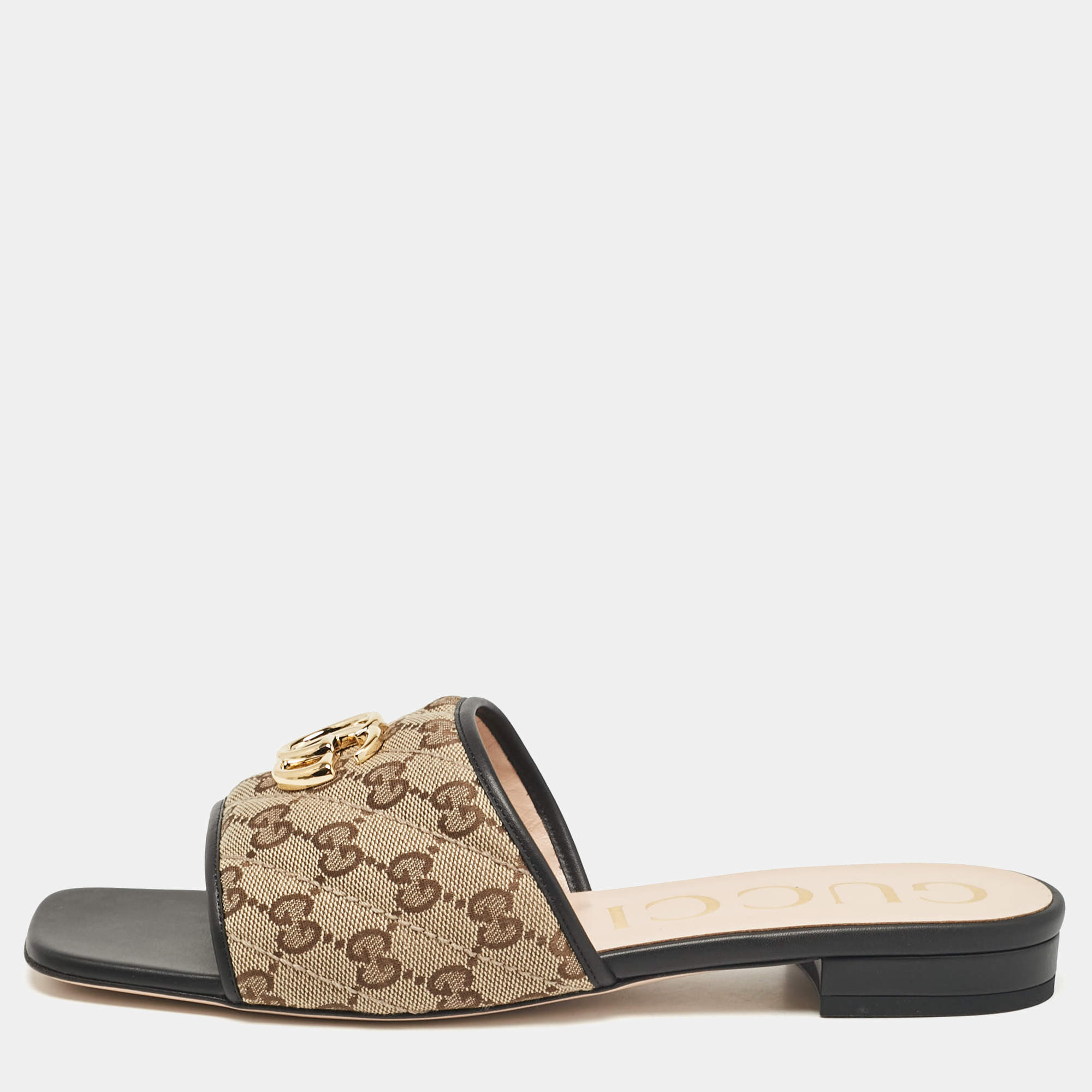 Pre Owned Gucci Brown/Beige Quilted GG Canvas Jolie Flat Slides Size 41