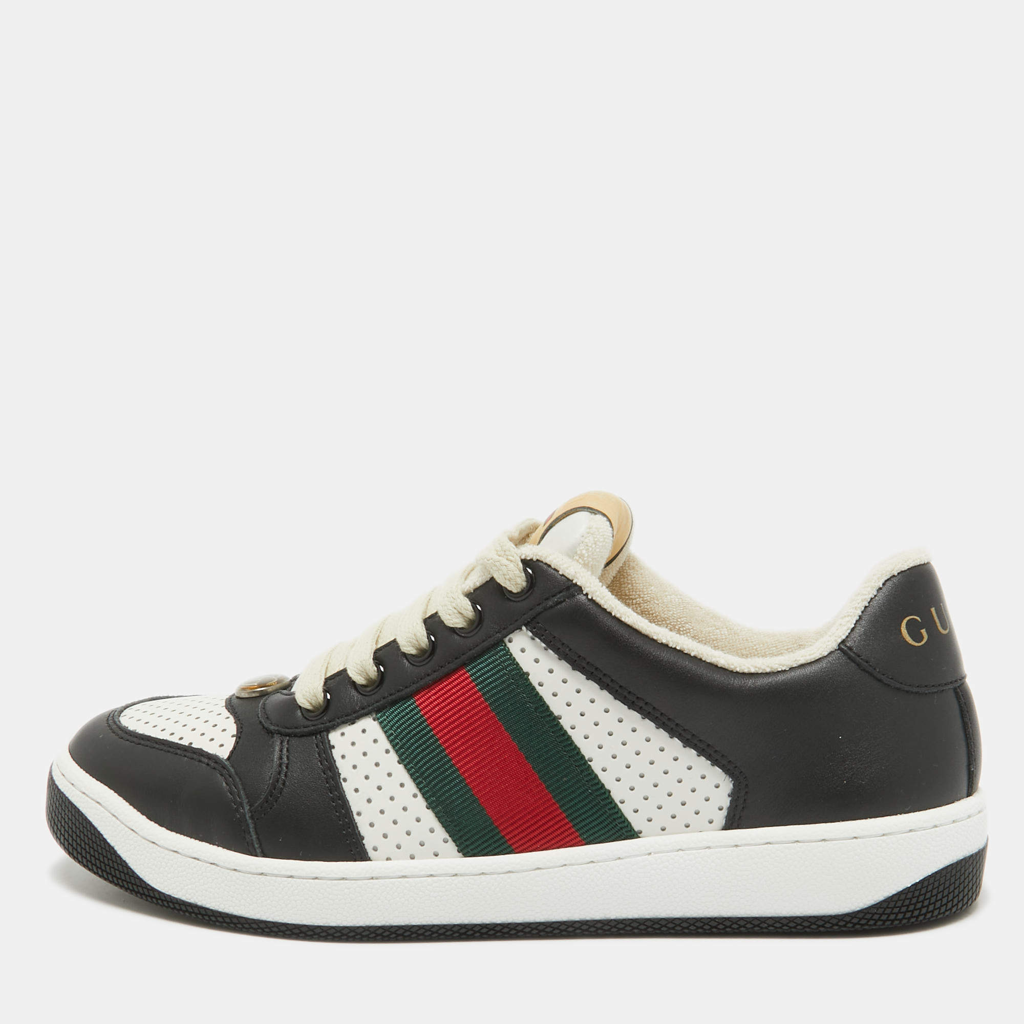 Pre Owned Gucci Black/White Perforated Leather Screener Sneakers Size 36