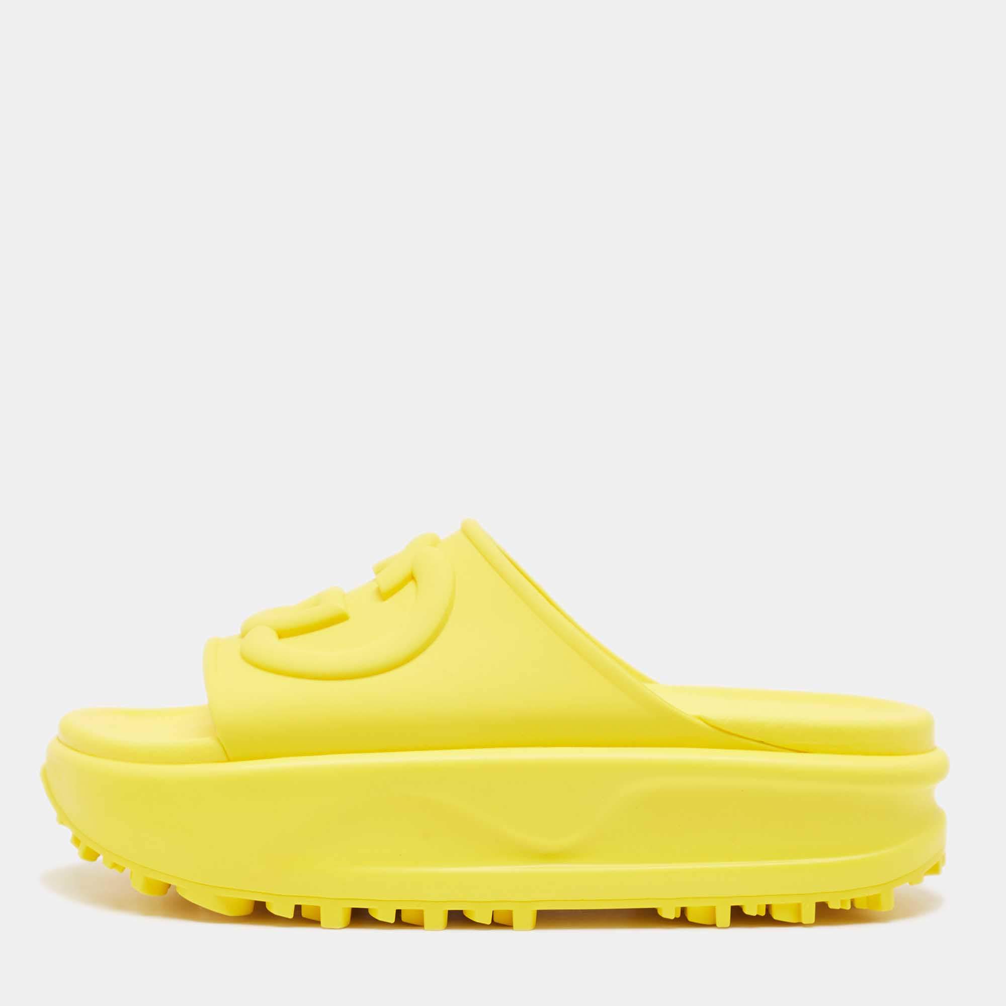 Gucci Yellow Rubber Interlocking G Slide Sandals Size 37