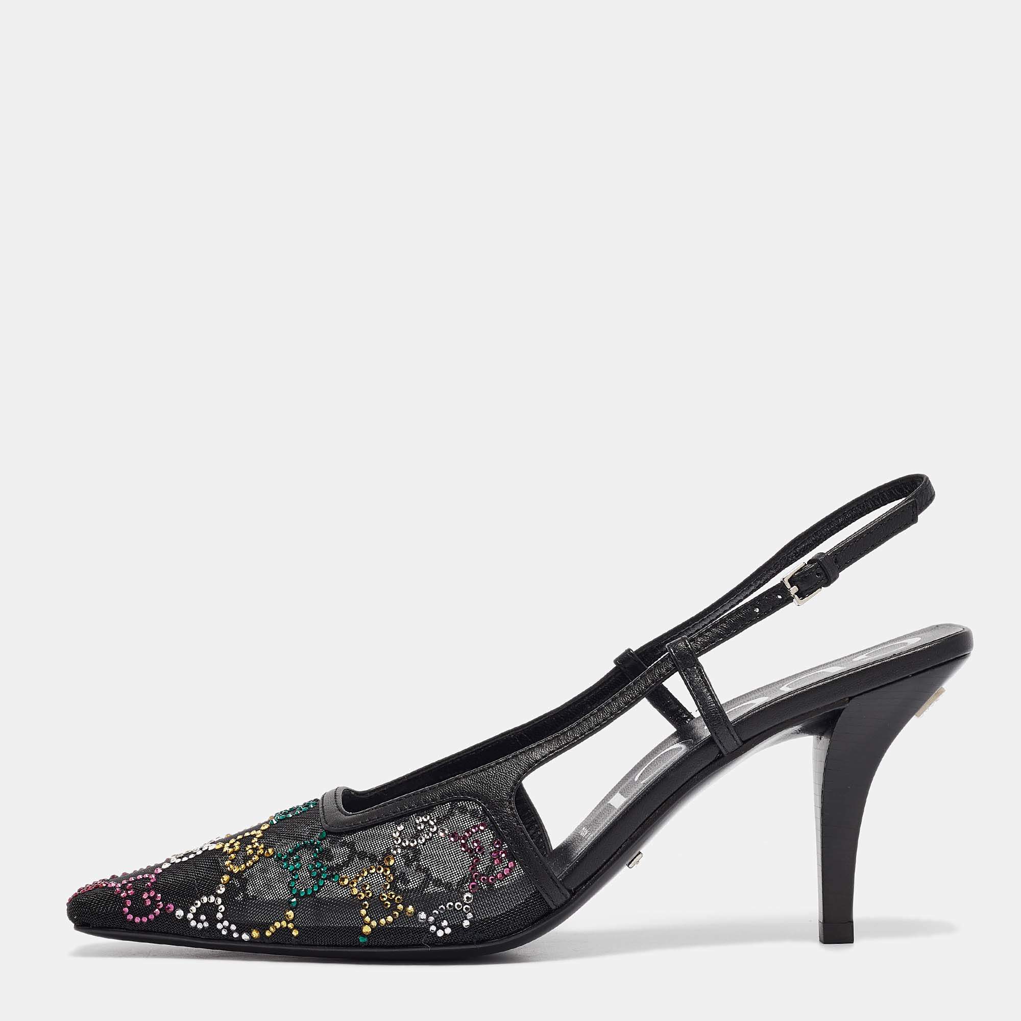 Pre Owned Gucci Multicolor Leather and Mesh Crystal Embellished Pumps Size 38