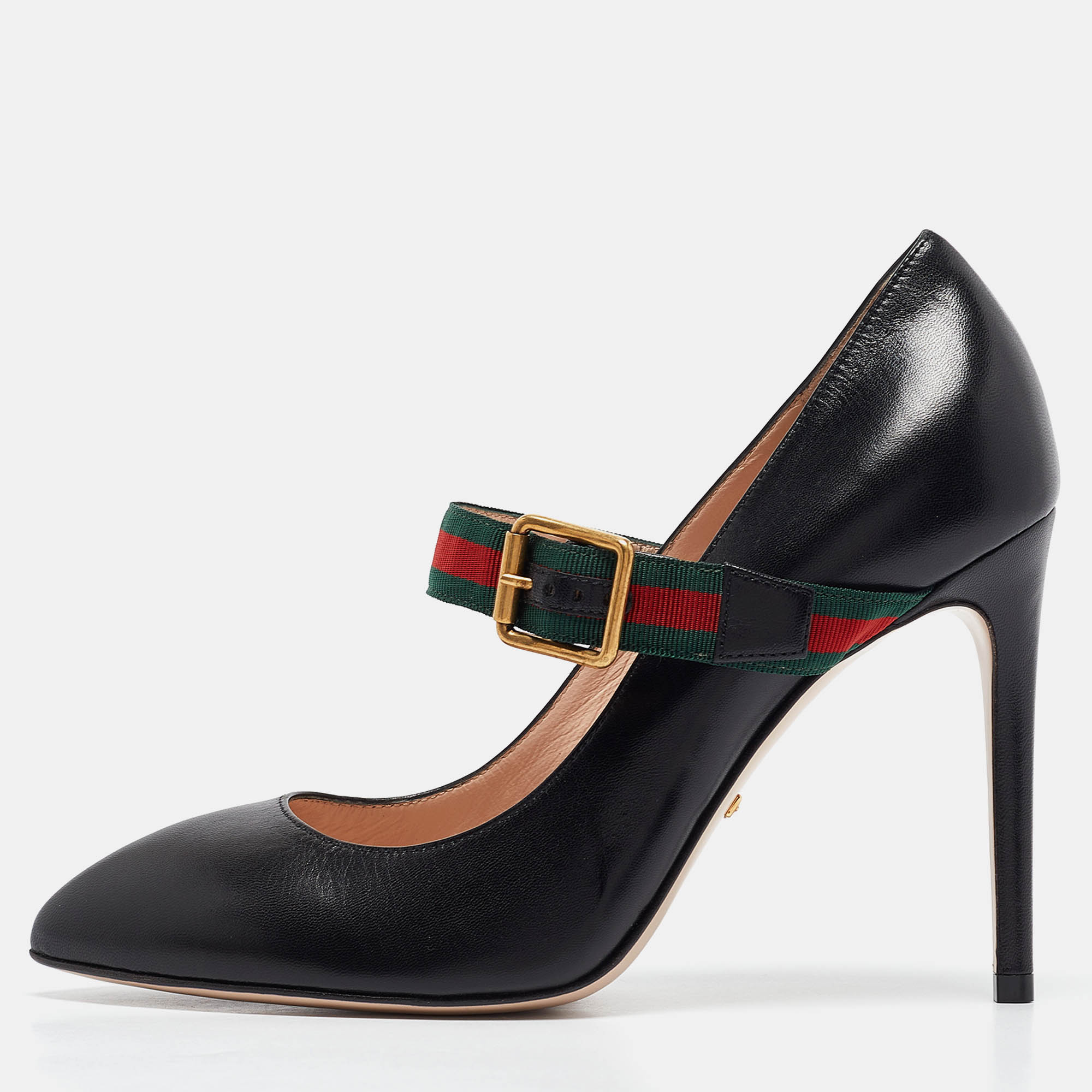 Pre Owned Gucci Black Leather Sylvie Mary Jane Pumps Size 37.5