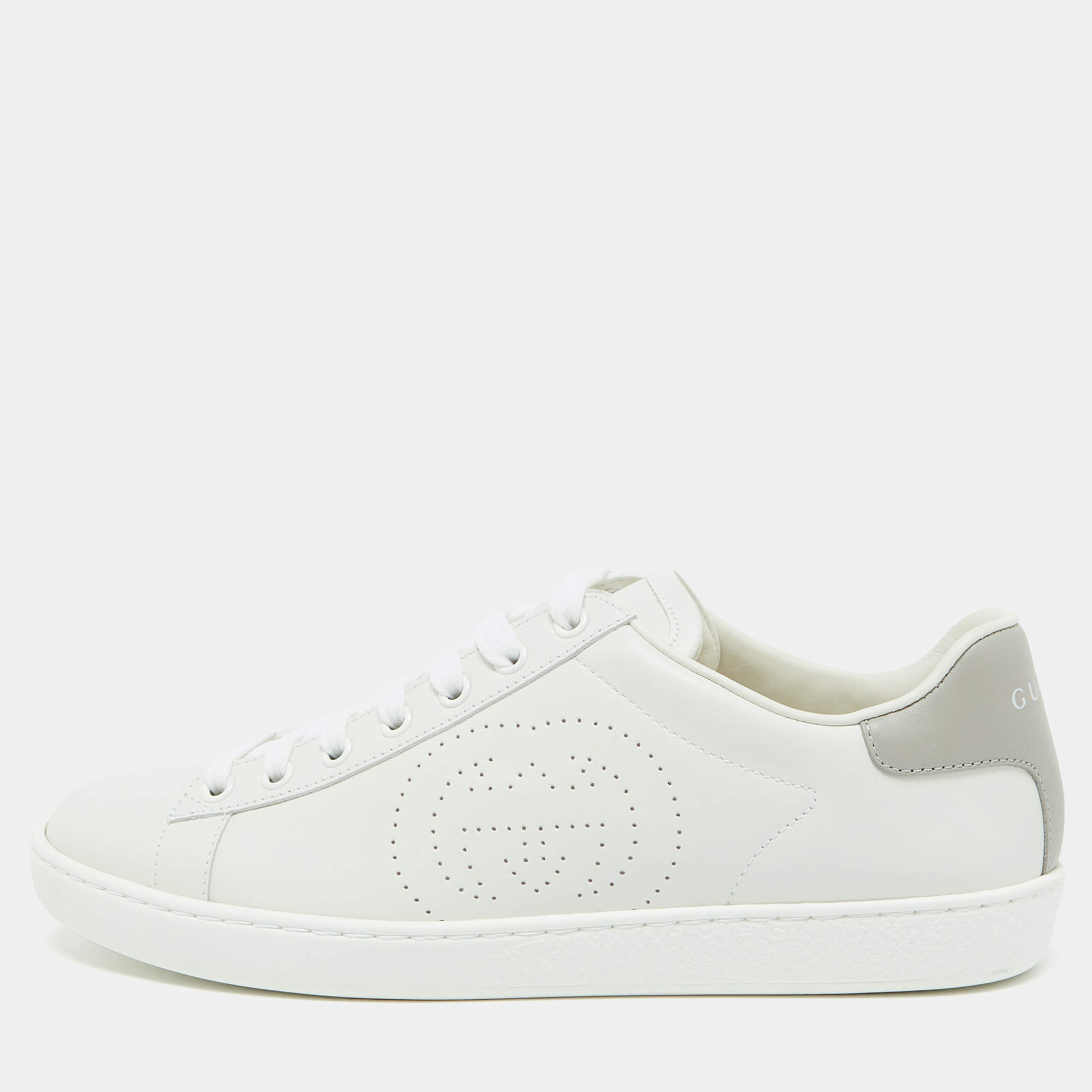 مملوكة مسبقًا Gucci White/Grey Leather Interlocking G Ace Low Top Sneakers Size 39