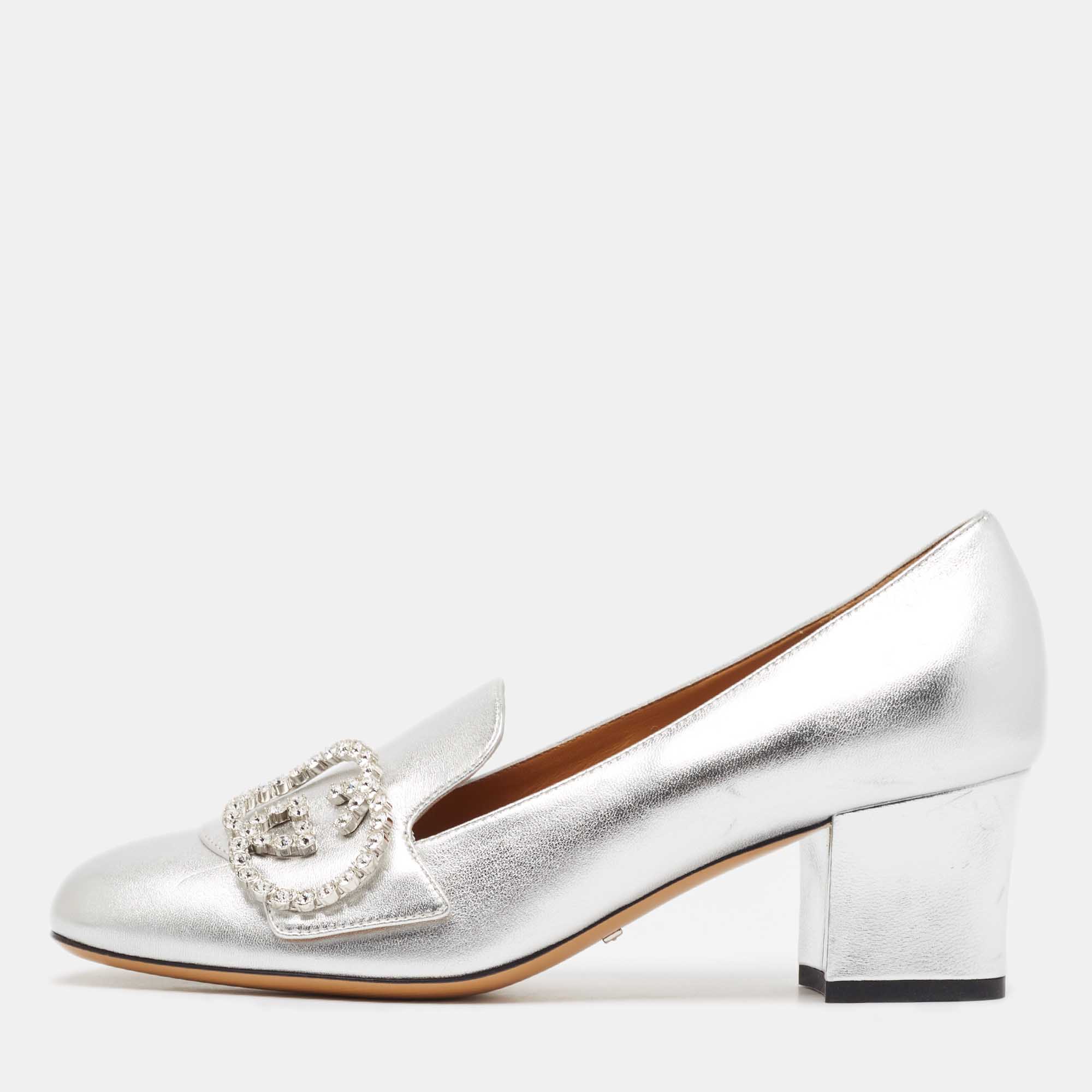 Pre Owned Gucci Silver Leather Crystal Embellished Interlocking G Loafer Pumps Size 38