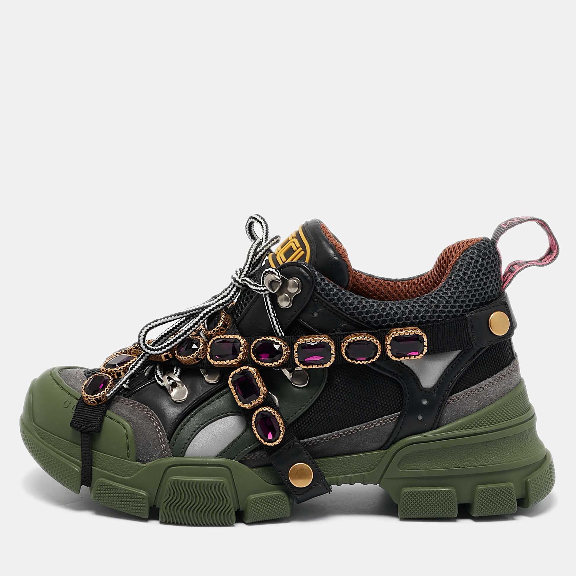Gucci Green/Black Leather and Mesh Flashtrek Sneakers Size 38.5
