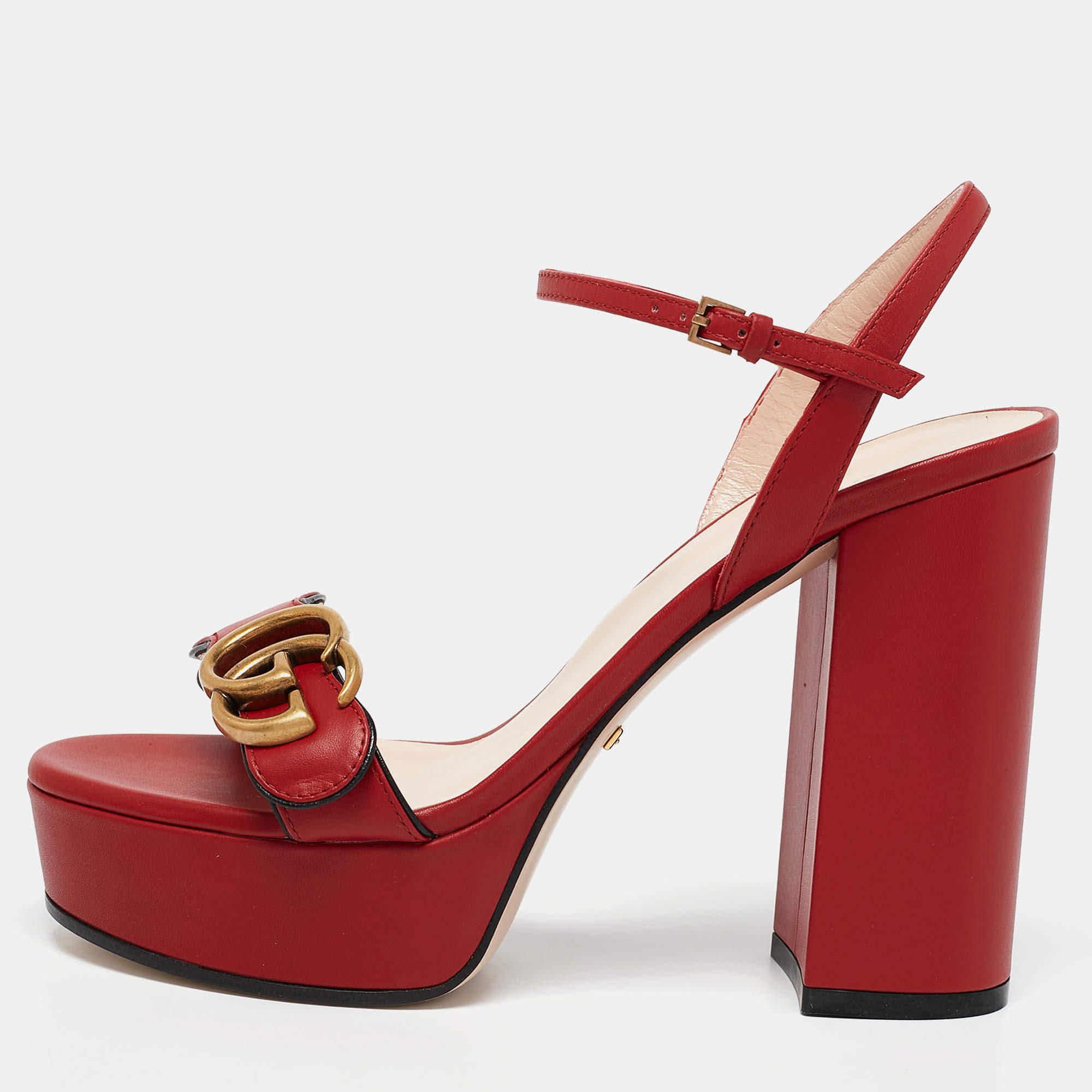 Gucci Red Leather GG Marmont Platform Sandals Size 36