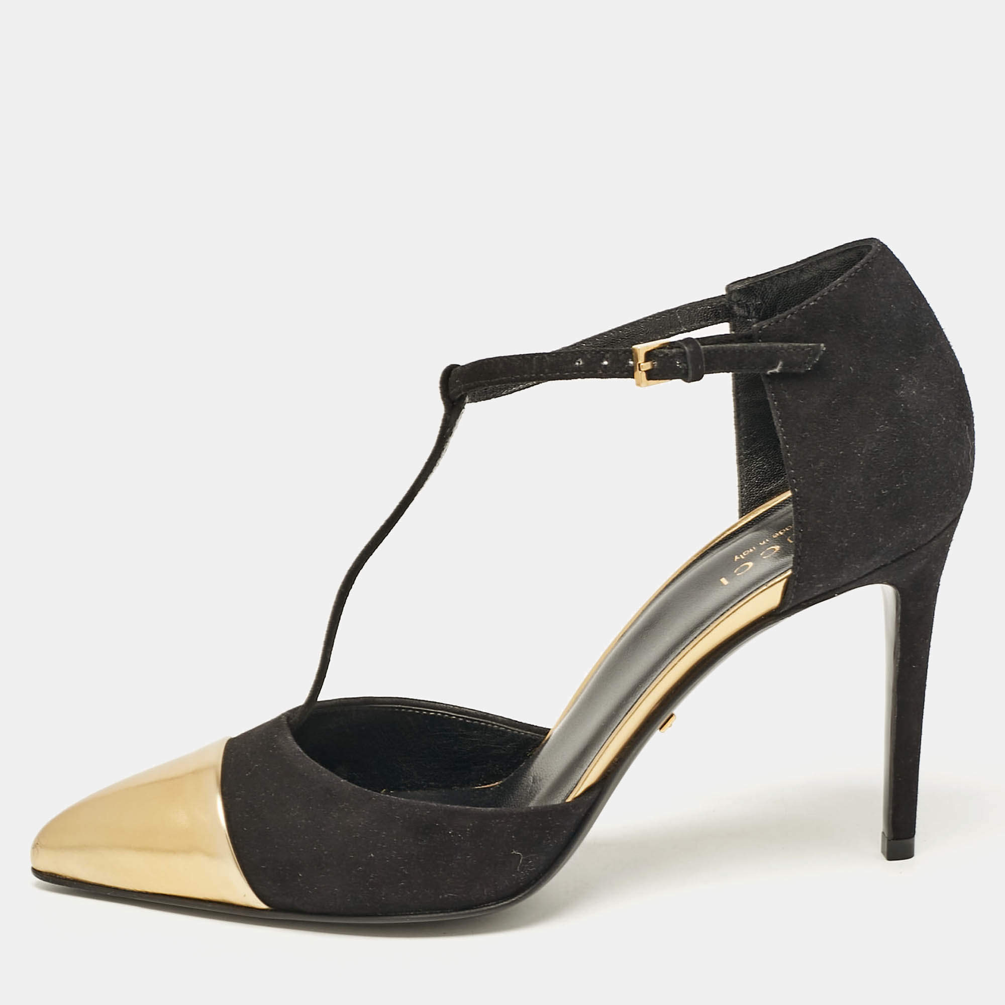مملوكة مسبقًا Gucci Black/Gold Leather and Suede T Strap Pumps Size 36