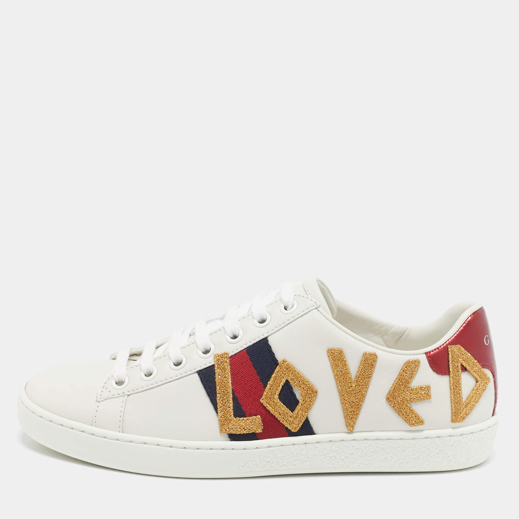 Gucci White Leather Ace Loved Lace Up Sneakers Size 36