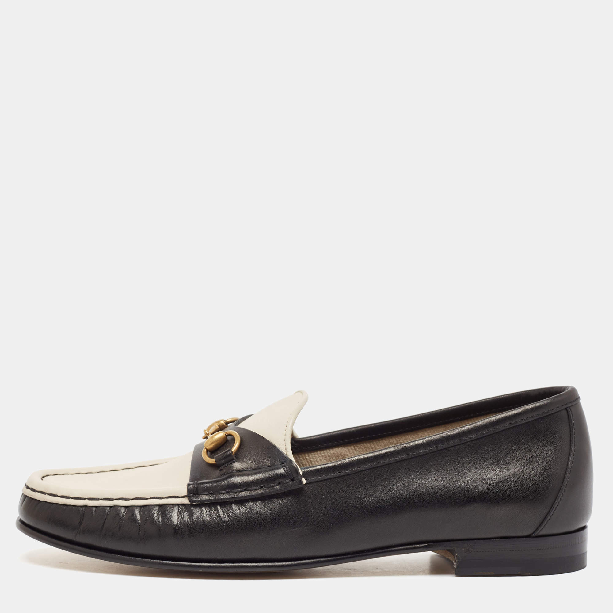 Pre Owned Gucci Black/Off White Leather 1953 Horsebit Loafers Size 39