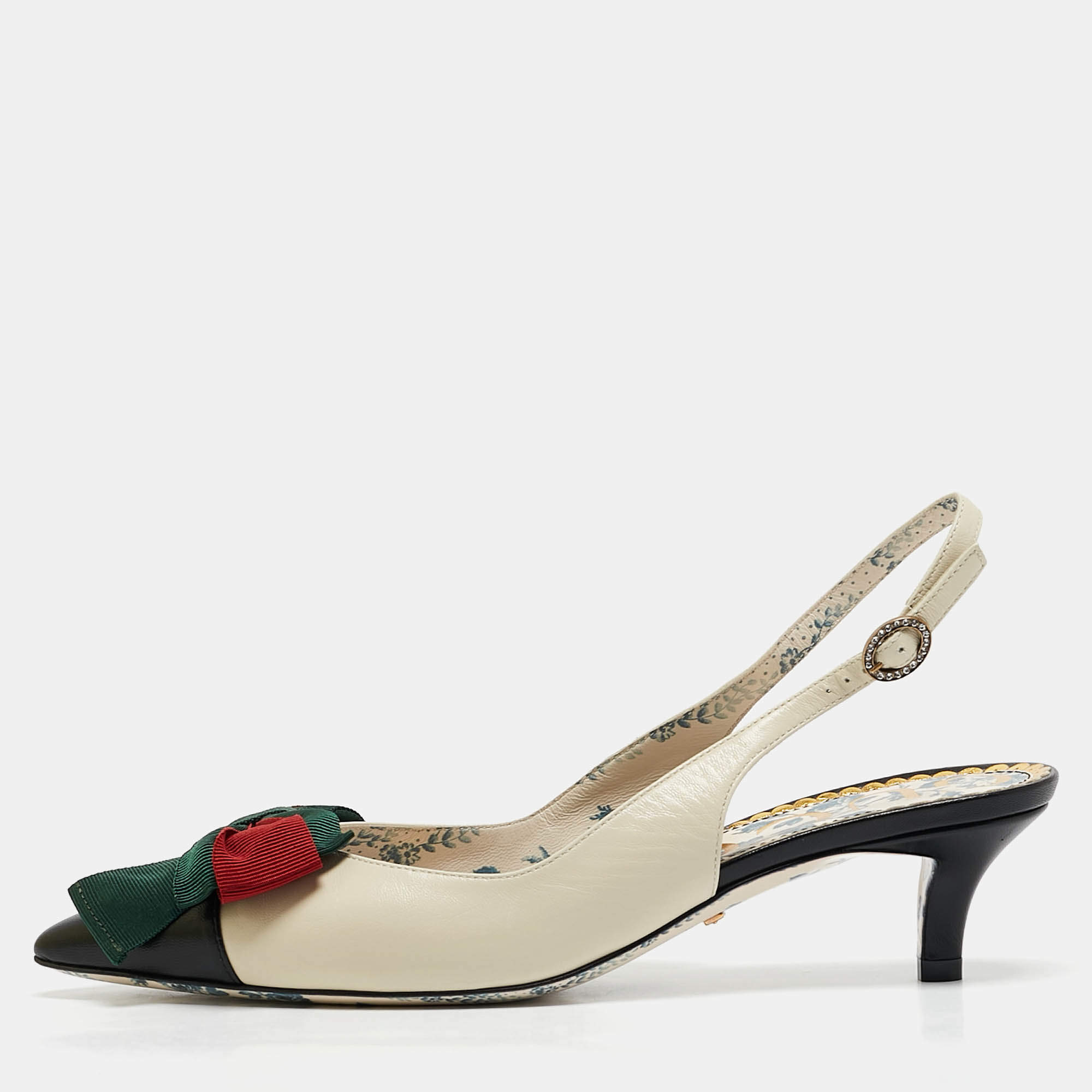 Pre Owned Gucci Off White/Black Leather Sylvie Web Bow Slingback Pumps Size 37