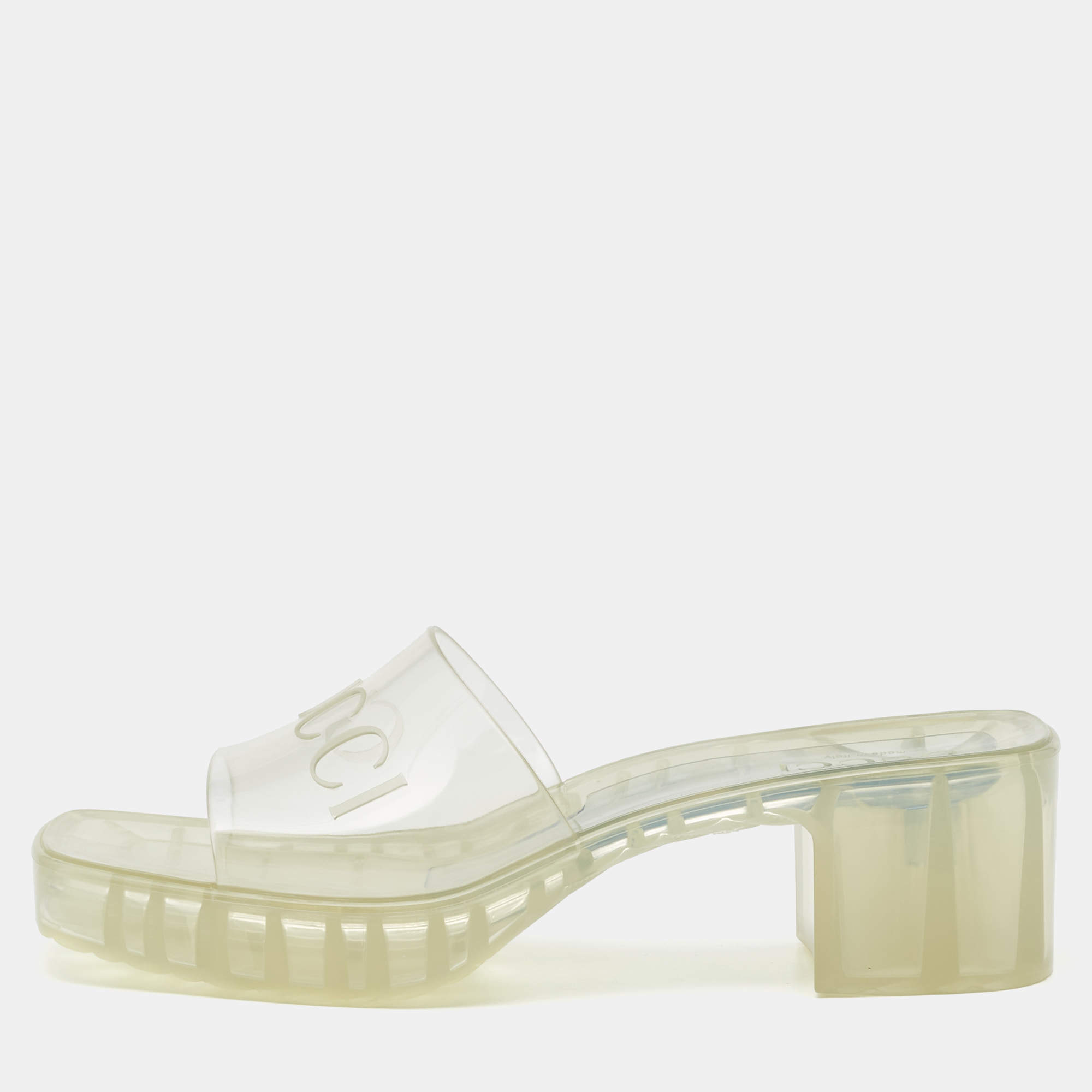 Gucci Transparent Rubber Embossed Logo Slide Sandals Size 39