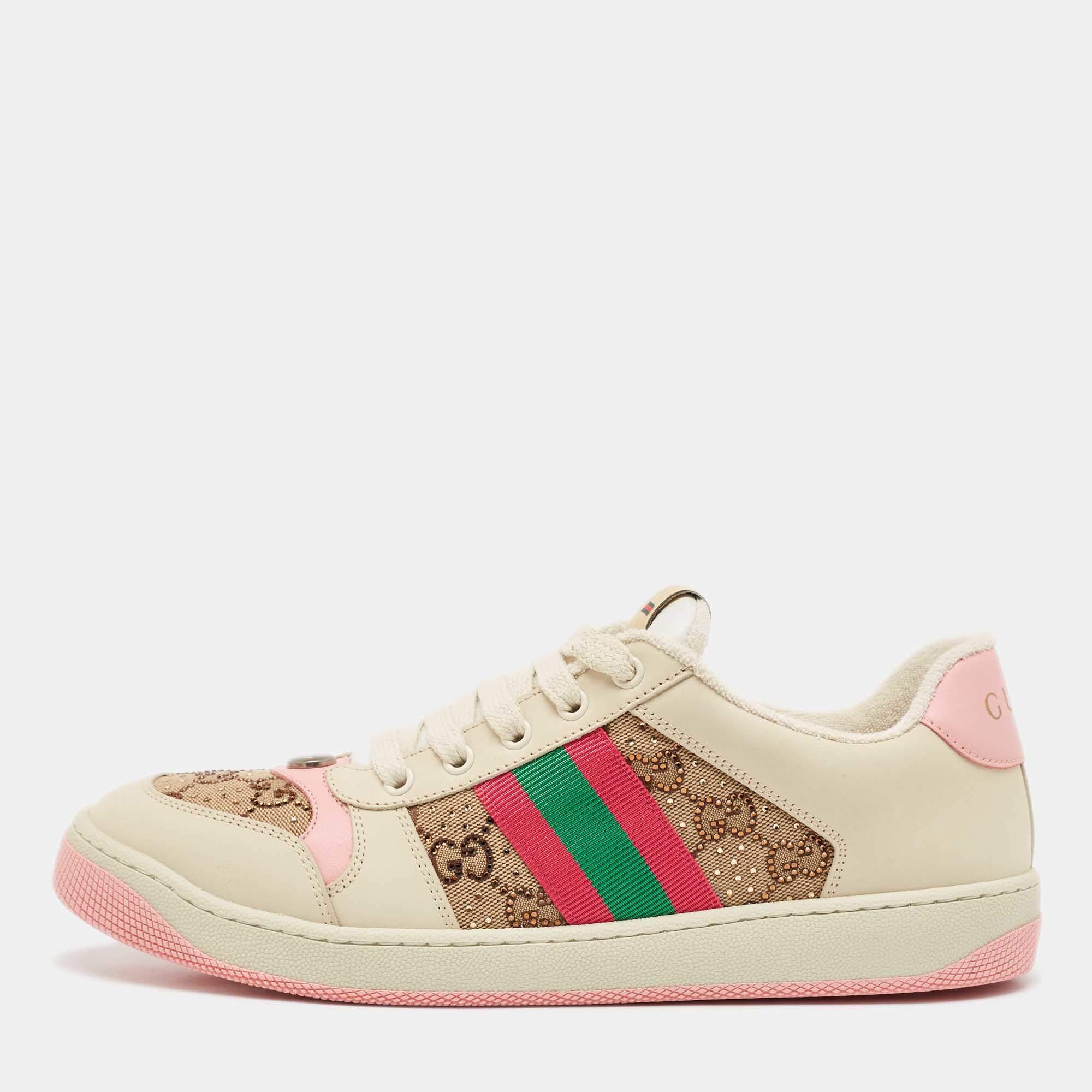 مملوكة مسبقًا Gucci Multicolor Nubuck Leather and Crystal GG Canvas Screener Sneakers Size 41