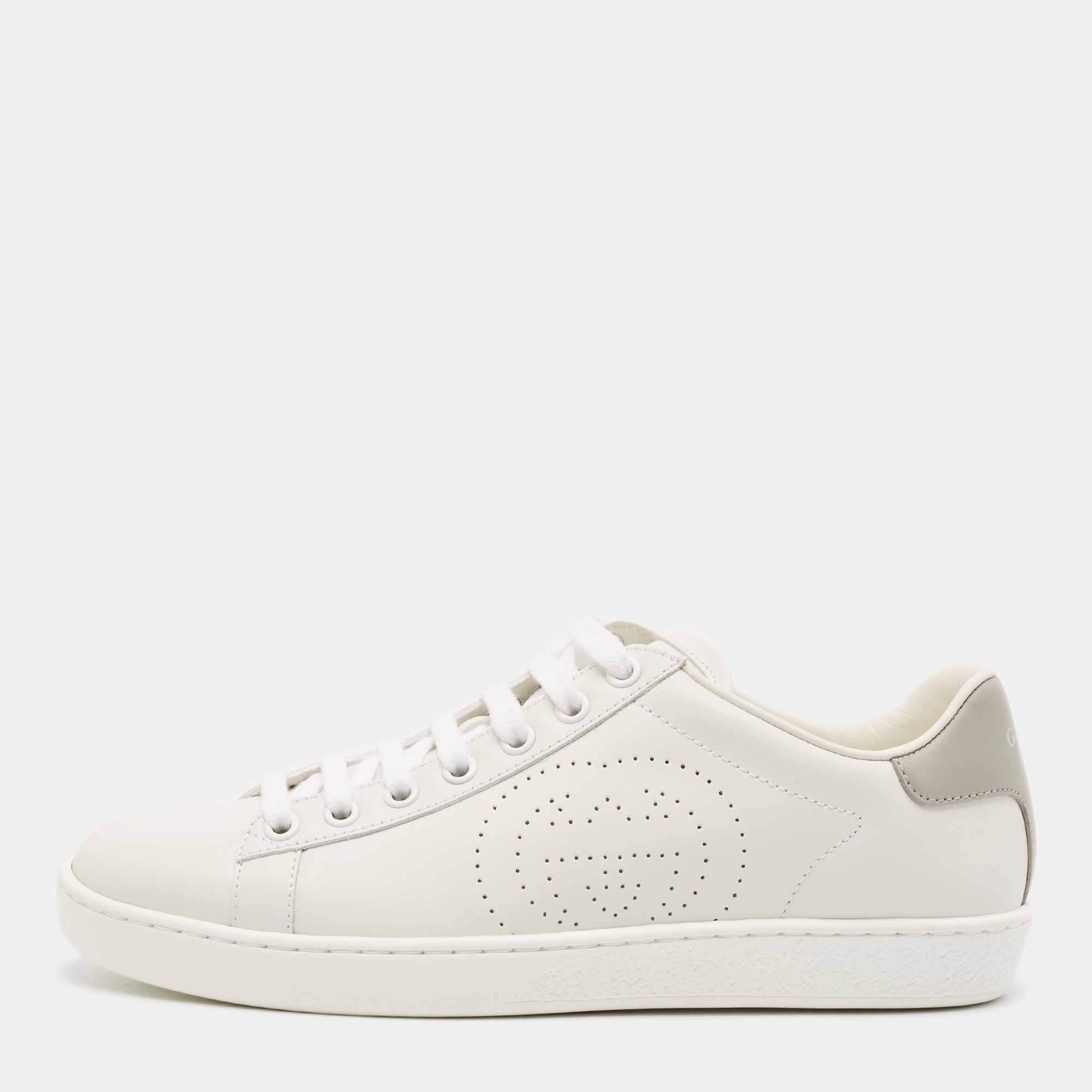 Pre Owned Gucci White Perforated Interlocking G Leather Ace Sneakers Size 37