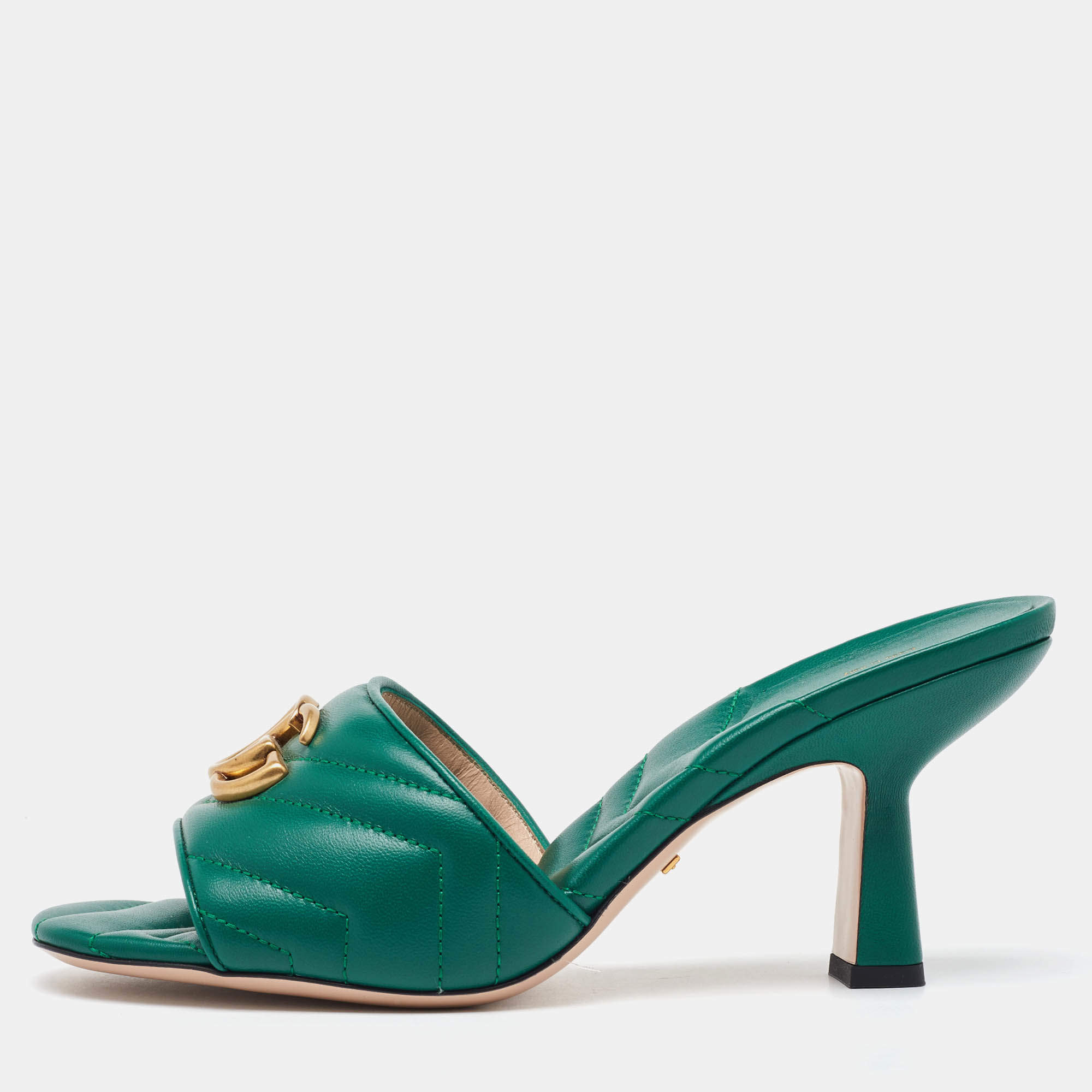 Gucci Green Matelasse Leather GG Marmont Slide Sandals Size 39