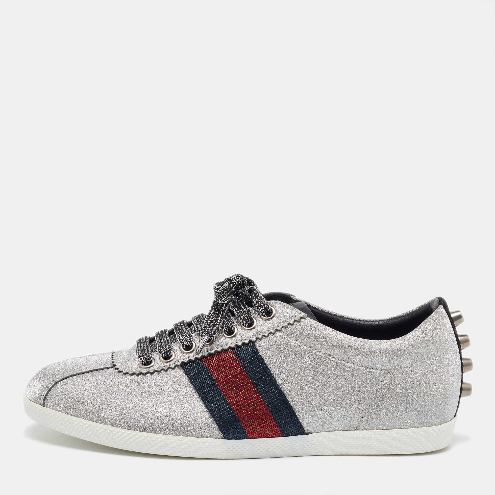 Gucci Metallic Silver Glitter Web Detail Studded Low Top Sneakers Size 36