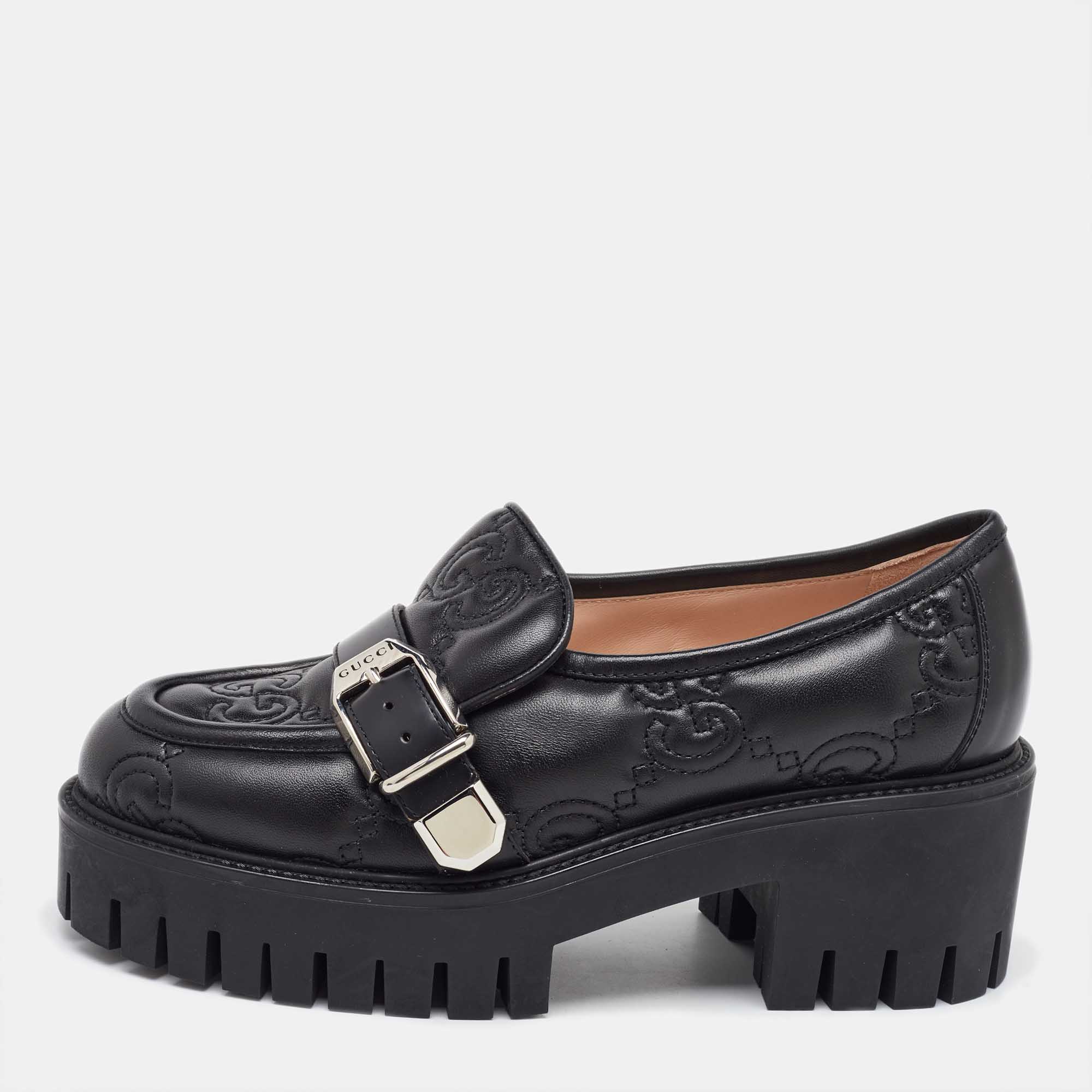 Pre Owned Gucci Black Cordovan Lux GG Leather Lug Sole Loafers 36.5