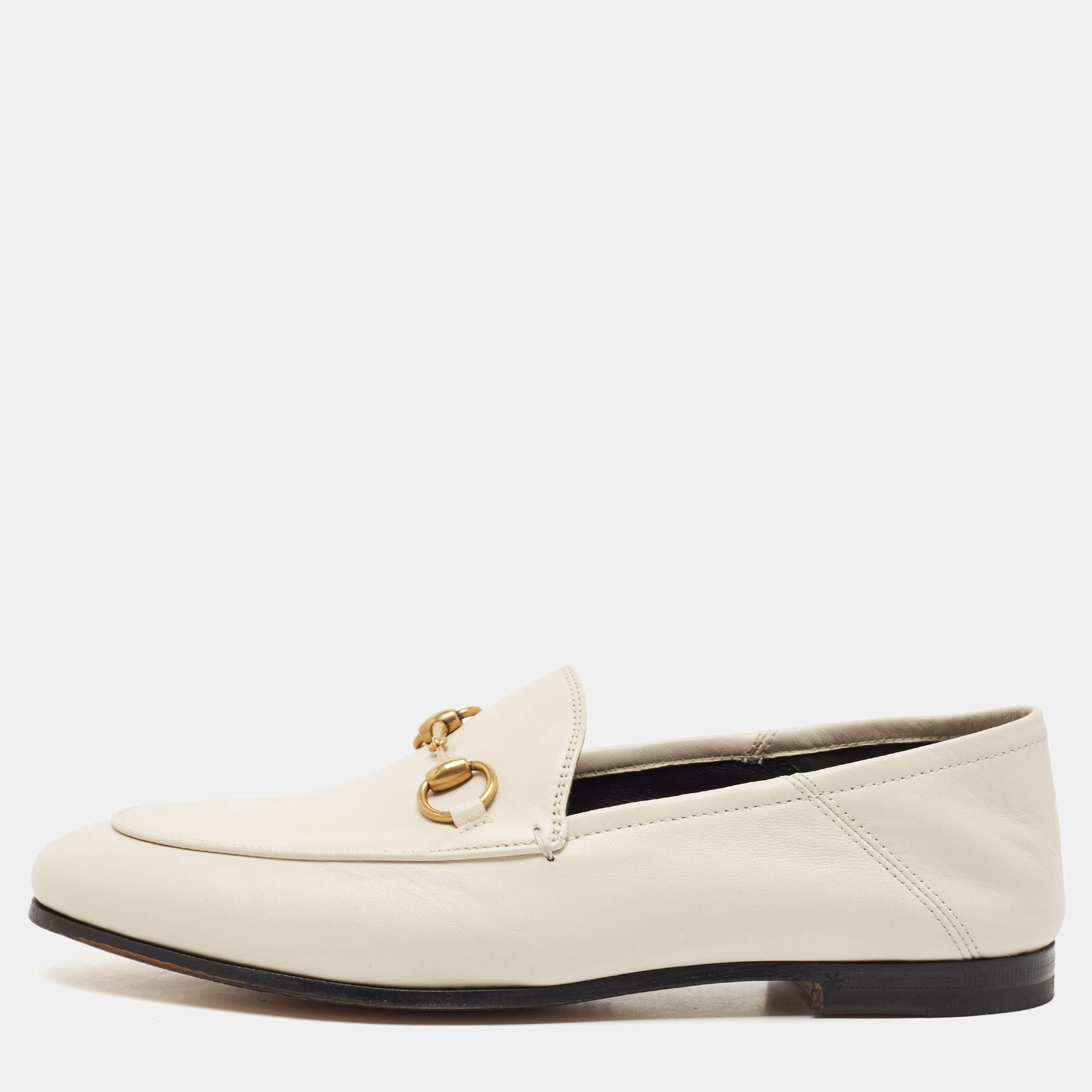Pre Owned Gucci Off White Leather Horsebit Foldable Loafers Size 36.5