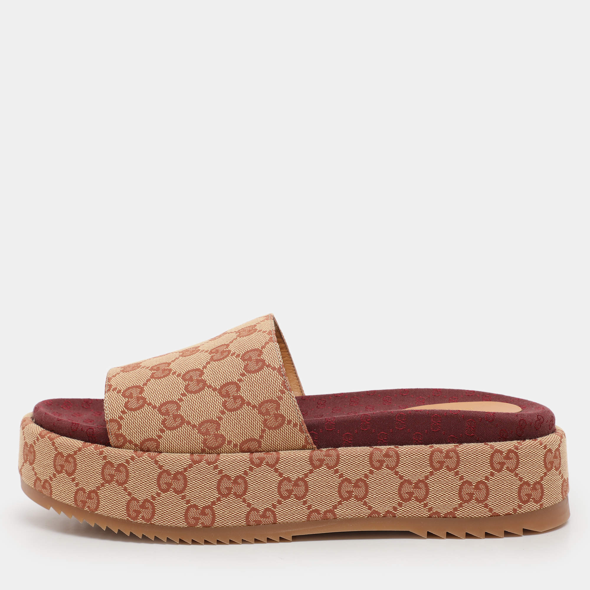 Gucci Brown/Beige GG Canvas Angelina Platform Slide Sandals Size 41