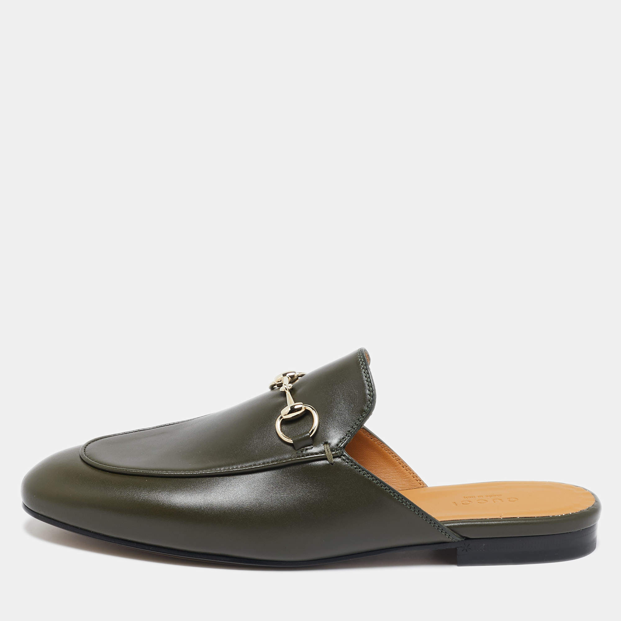 Pre Owned Gucci Green Leather Princetown Mules Size 38.5