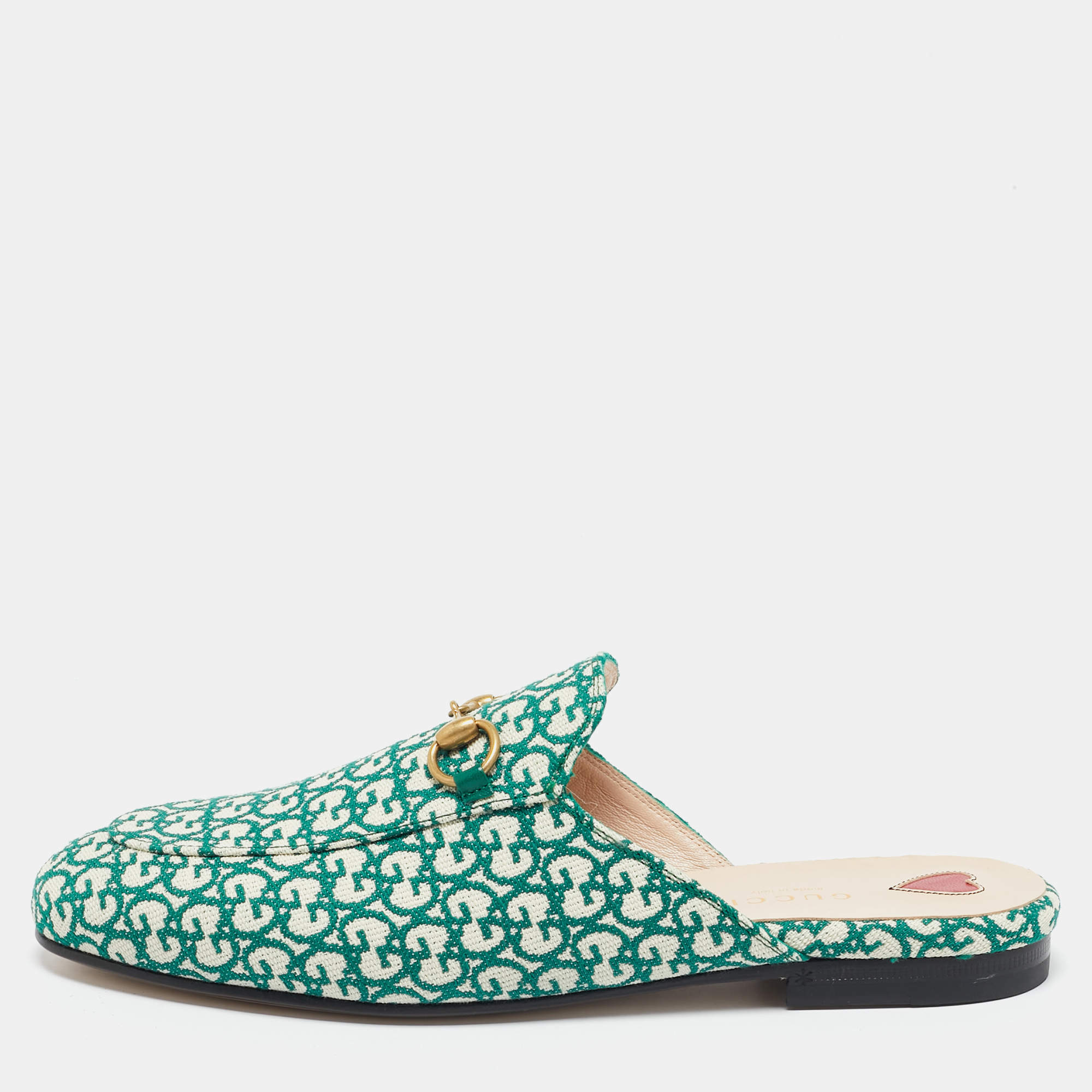 Pre Owned Gucci Green/White Canvas Princetown Mule Sandals Size 37.5