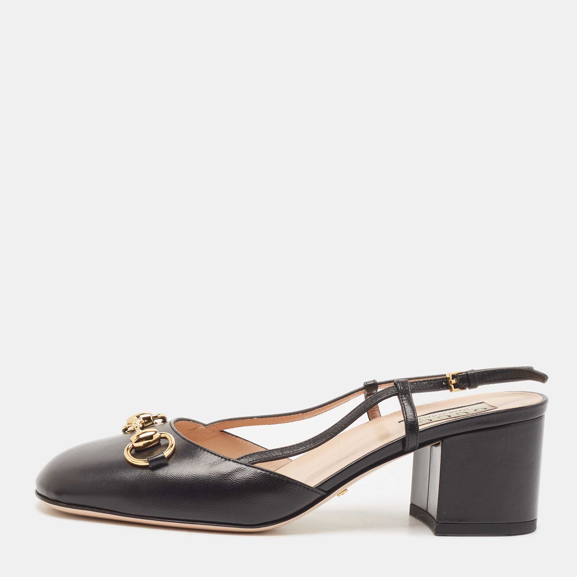 Pre Owned Gucci Black Leather Horsebit Slingback Pumps Size 36.5