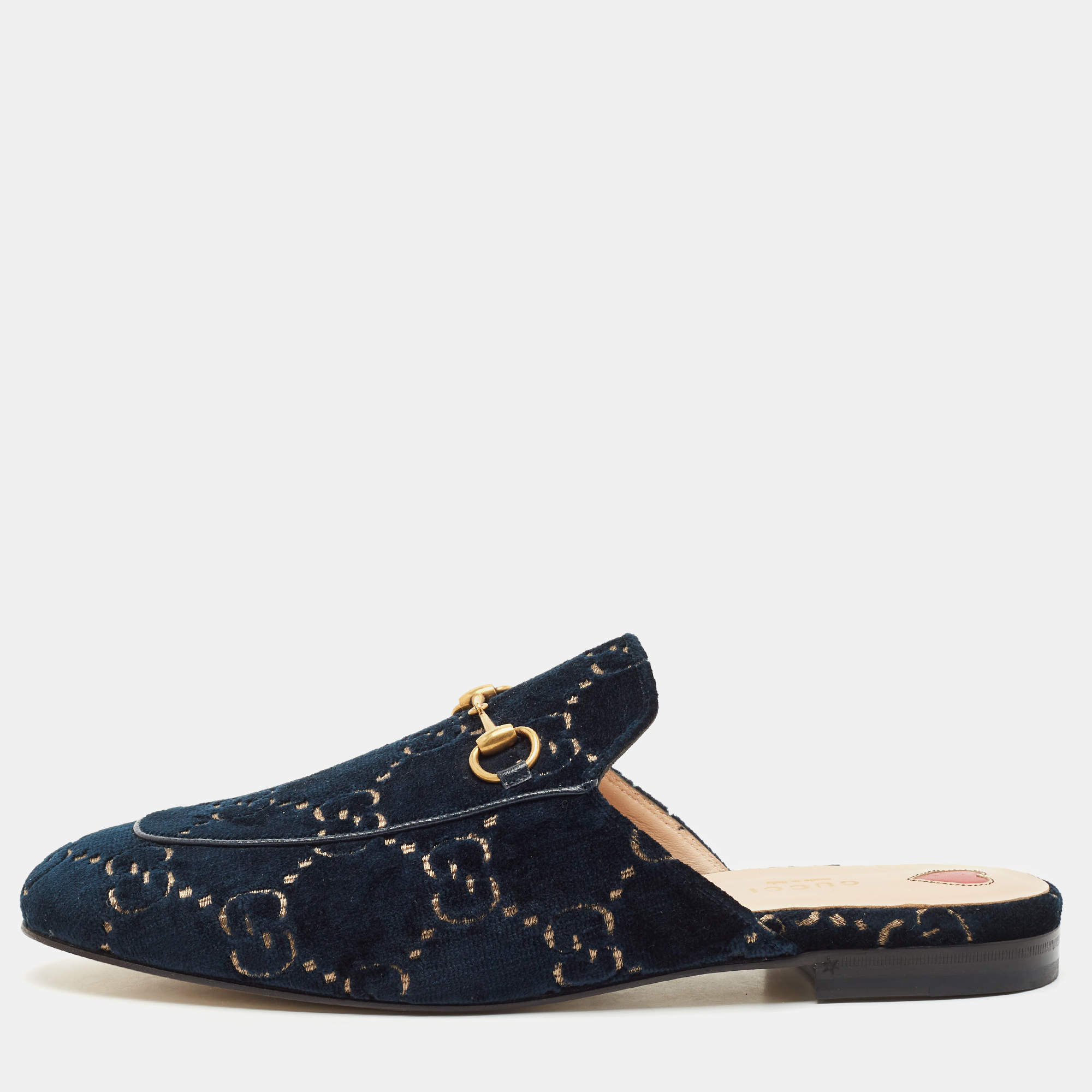 Gucci Navy Blue GG Velvet Princetown Flat Mules Size 41.5