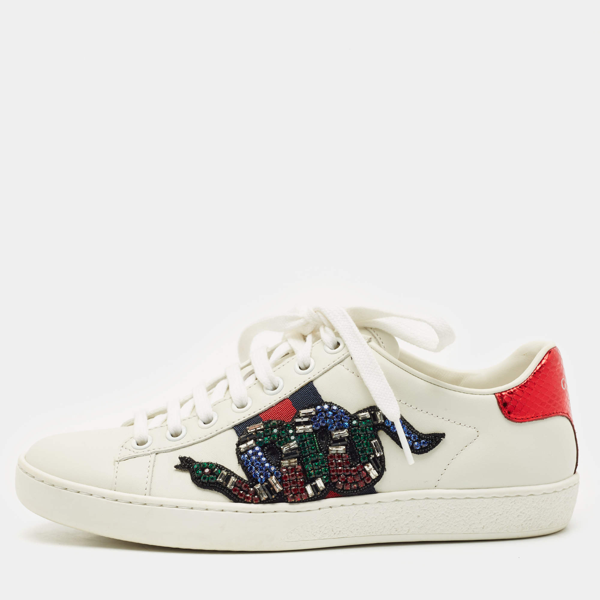 Gucci White Leather and Snakeskin Leather Ace Low Top Sneakers Size 35.5