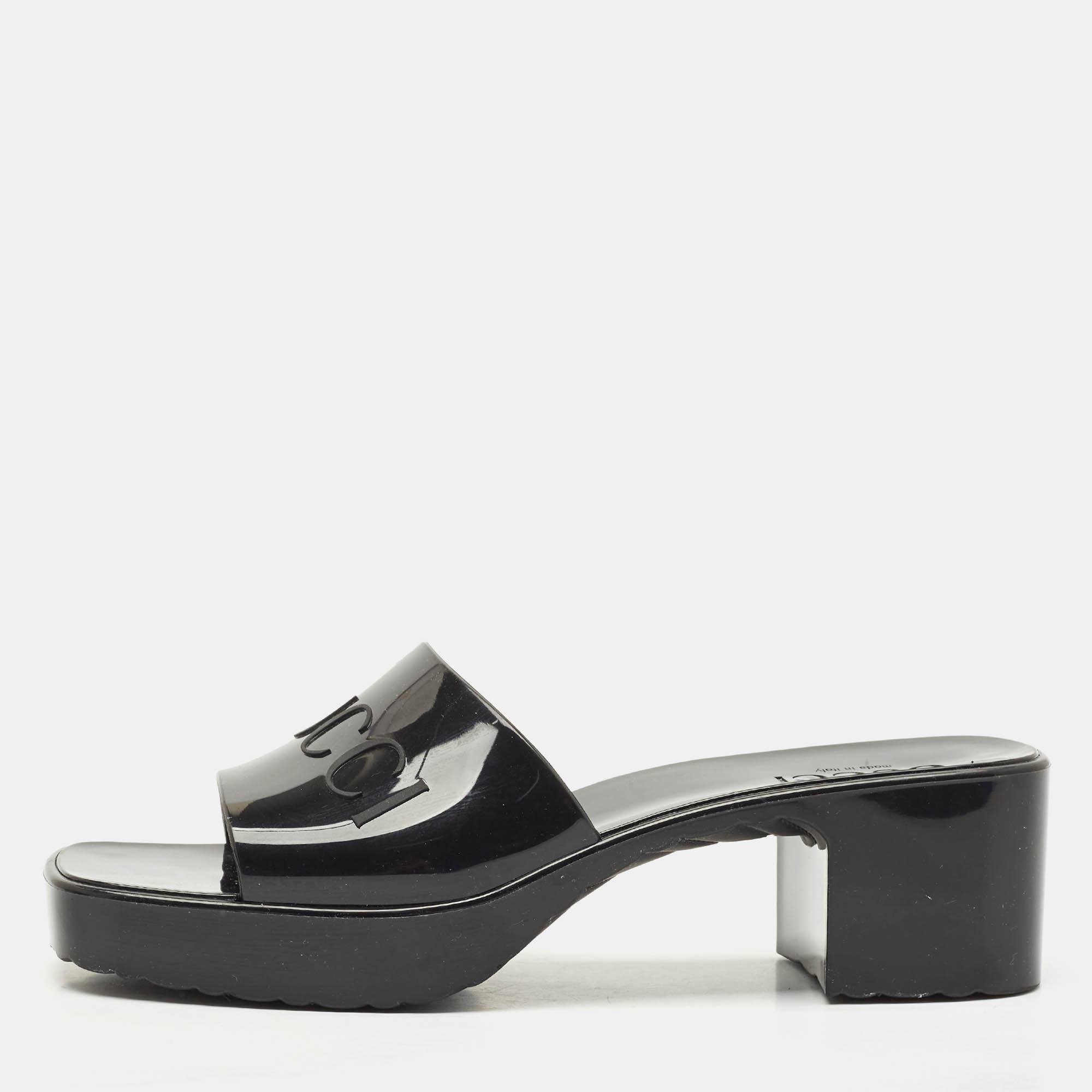 Gucci Black Rubber Logo Slide Sandals Size 39