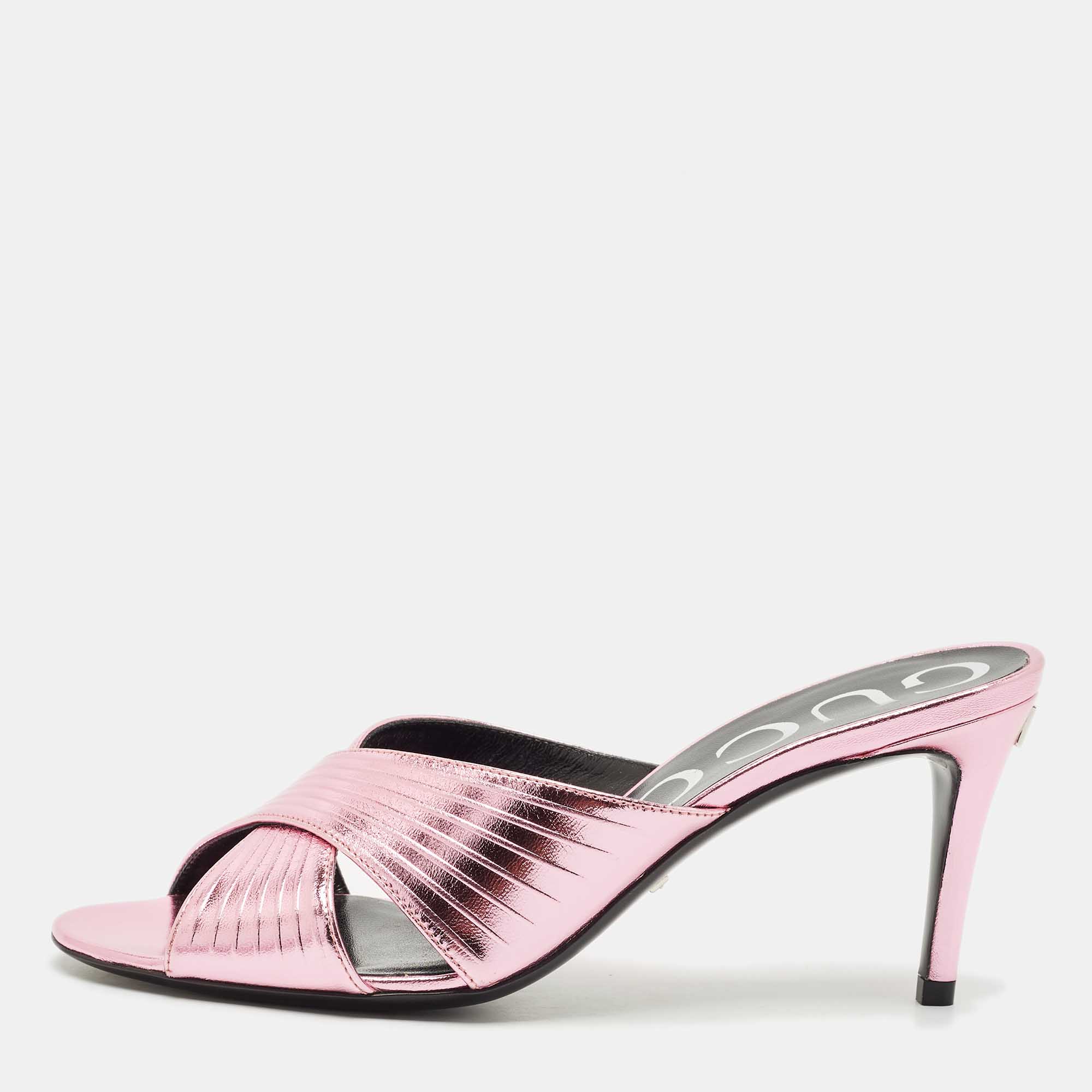 Pre Owned Gucci Metallic Pink Leather Criss Cross Slide Sandals Size 37