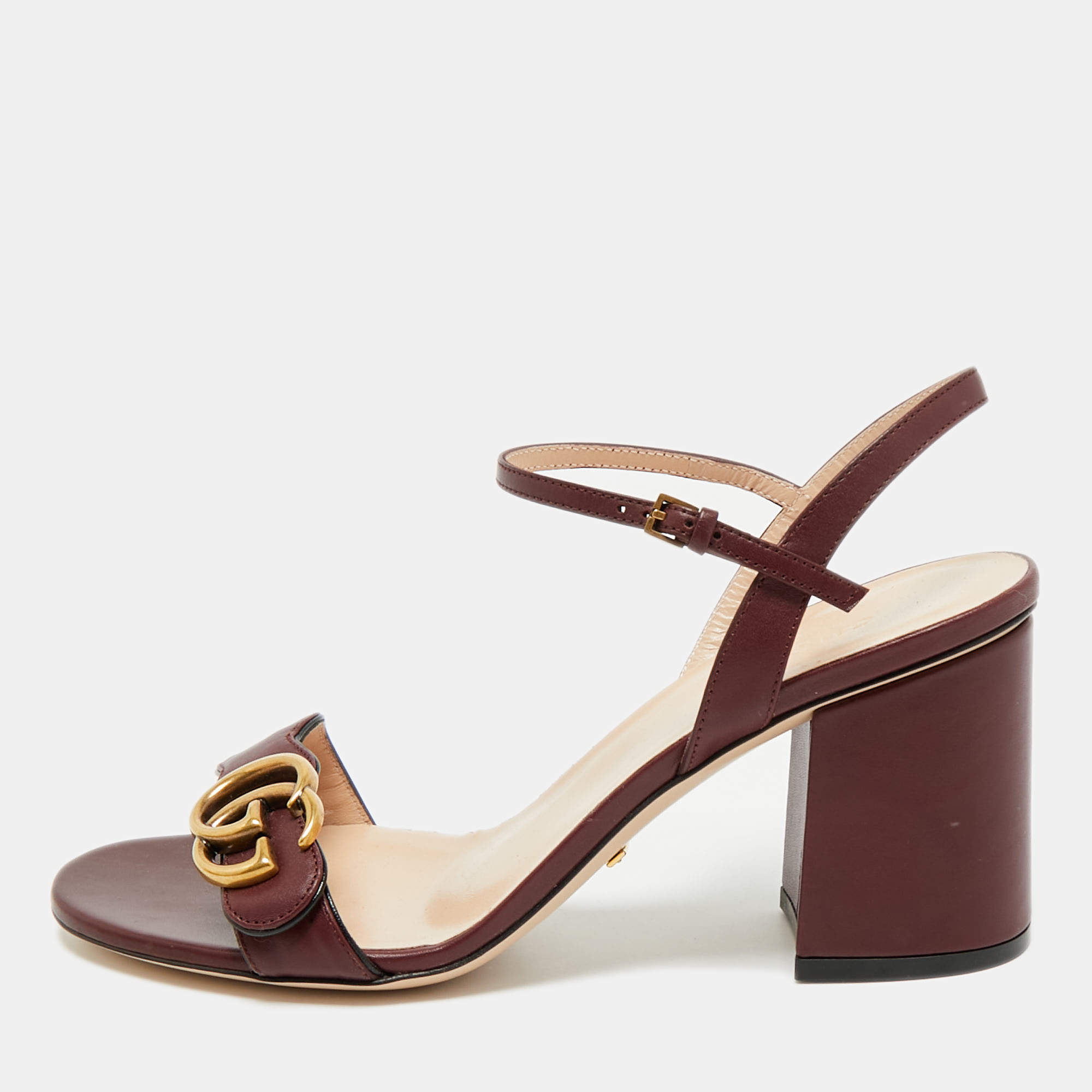مملوكة مسبقًا Gucci Burgundy Leather GG Marmont Ankle Strap Sandals Size 38.5
