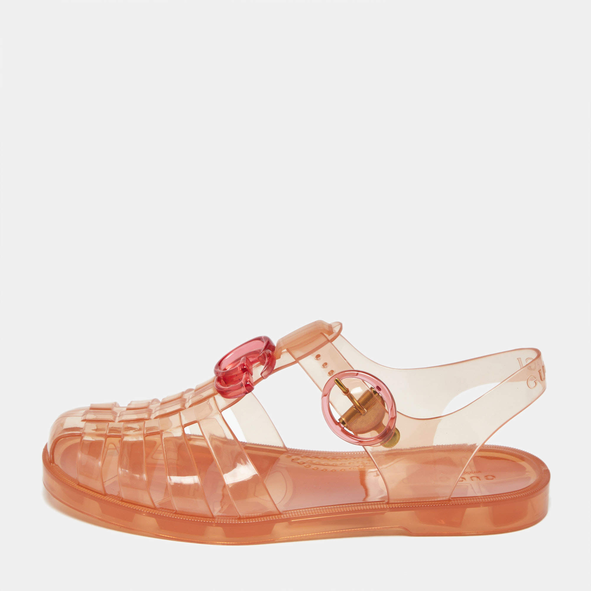 Pre Owned Gucci Orange Glossy Jelly GG Marmont Flat Sandals Size 35