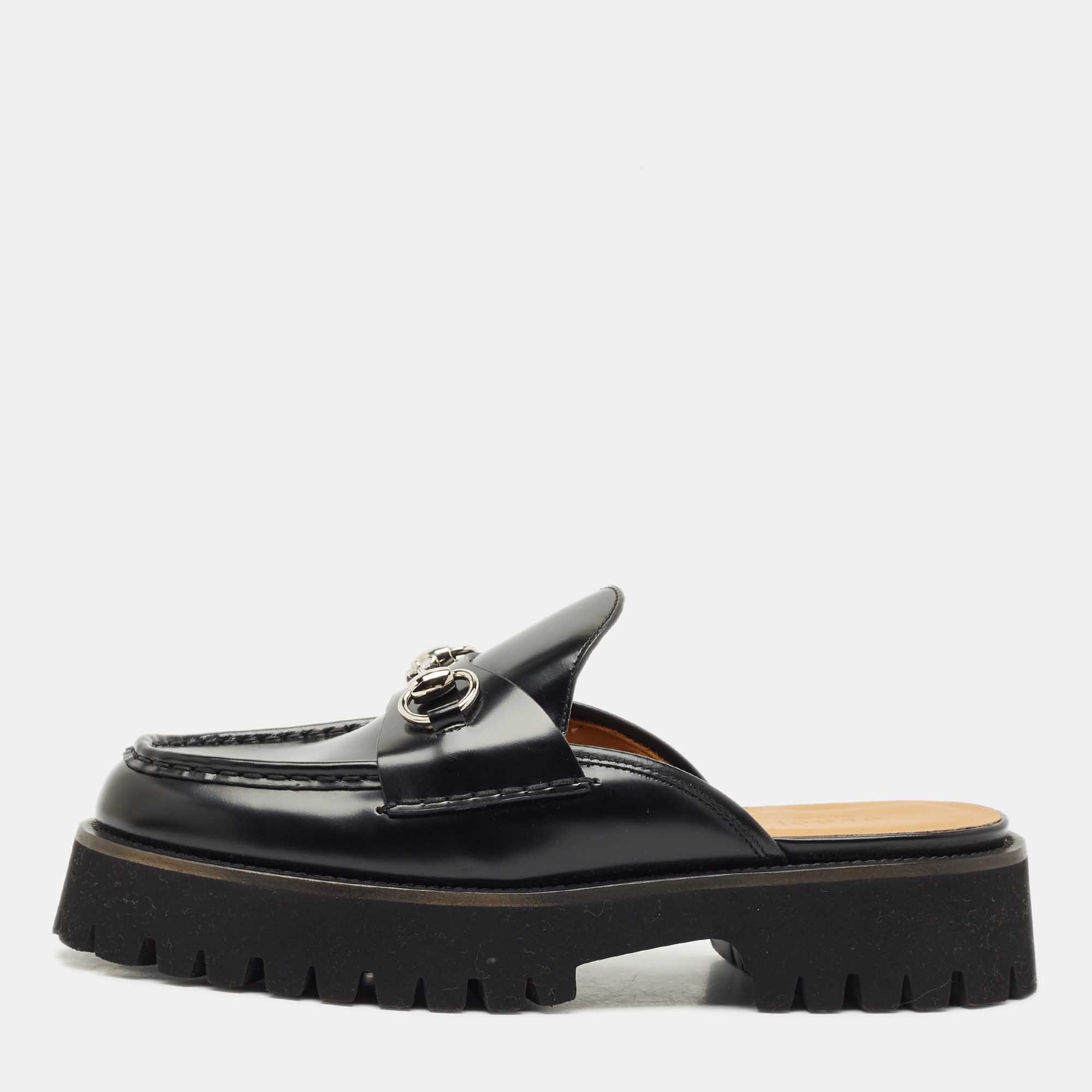 Pre Owned Gucci Black Leather Sylke Horsebit Platform Mules Size 39