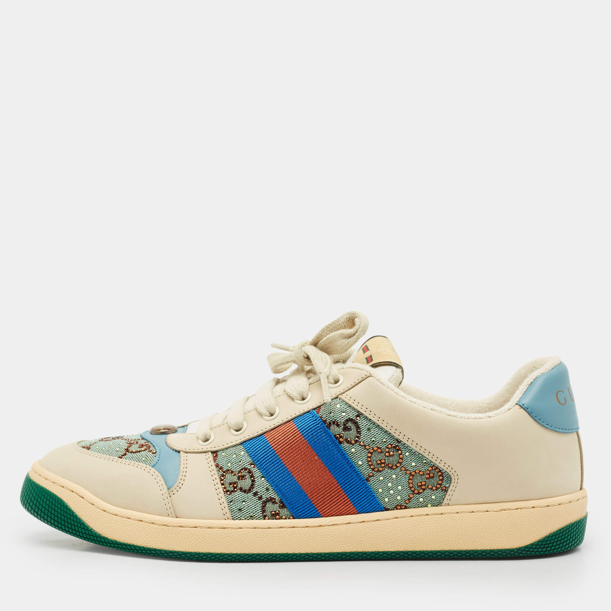 Pre Owned Gucci Multicolor Nubuck Leather and Crystal GG Canvas Screener Sneakers Size 42