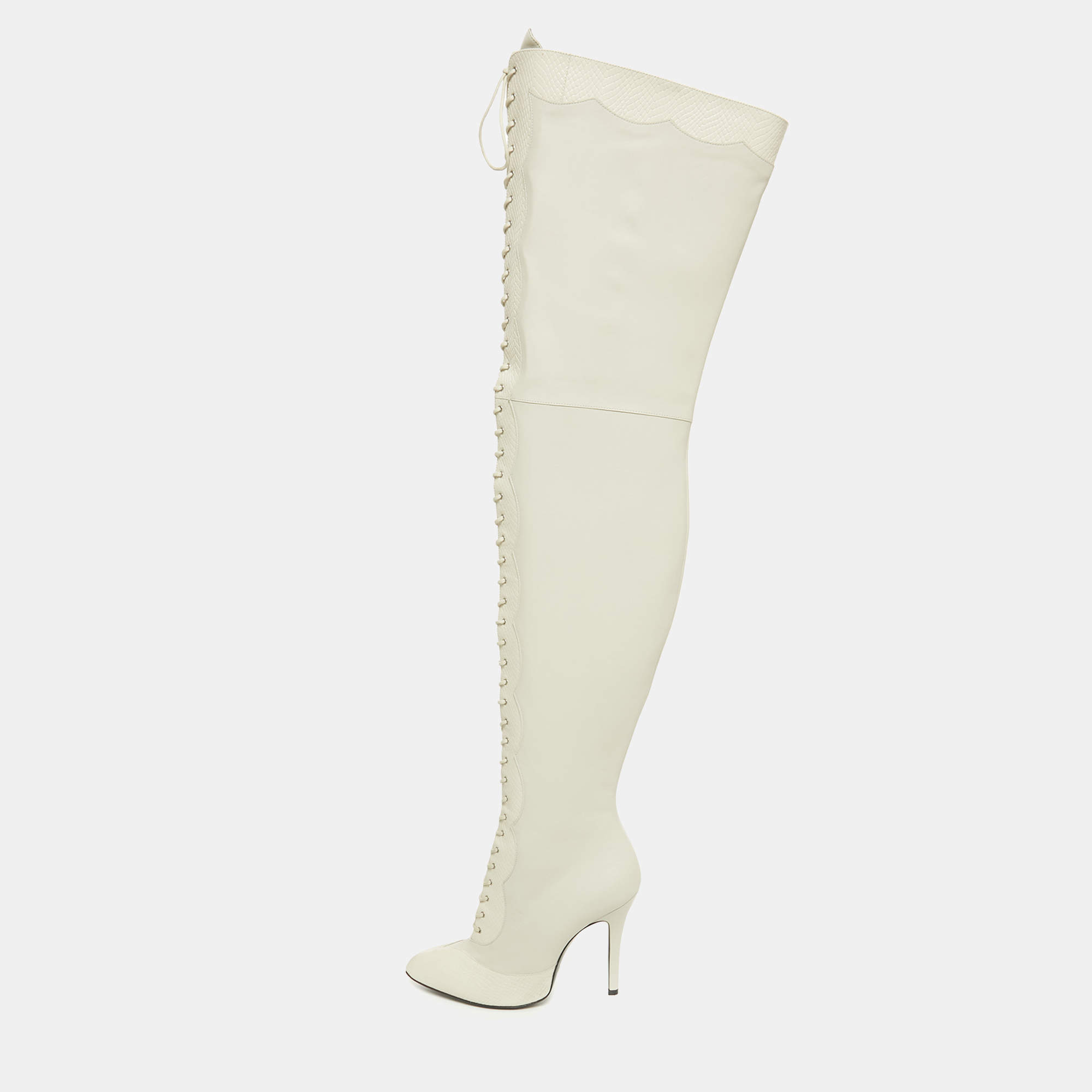 Pre Owned Gucci Off White Snakeskin Embossed and Leather Thigh High Boots Size 40