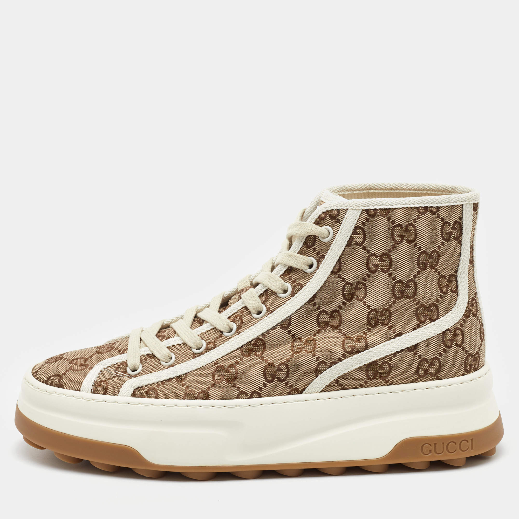 Pre Owned Gucci Beige/Brown GG Canvas Tennis 1977 High Top Sneakers Size 41.5