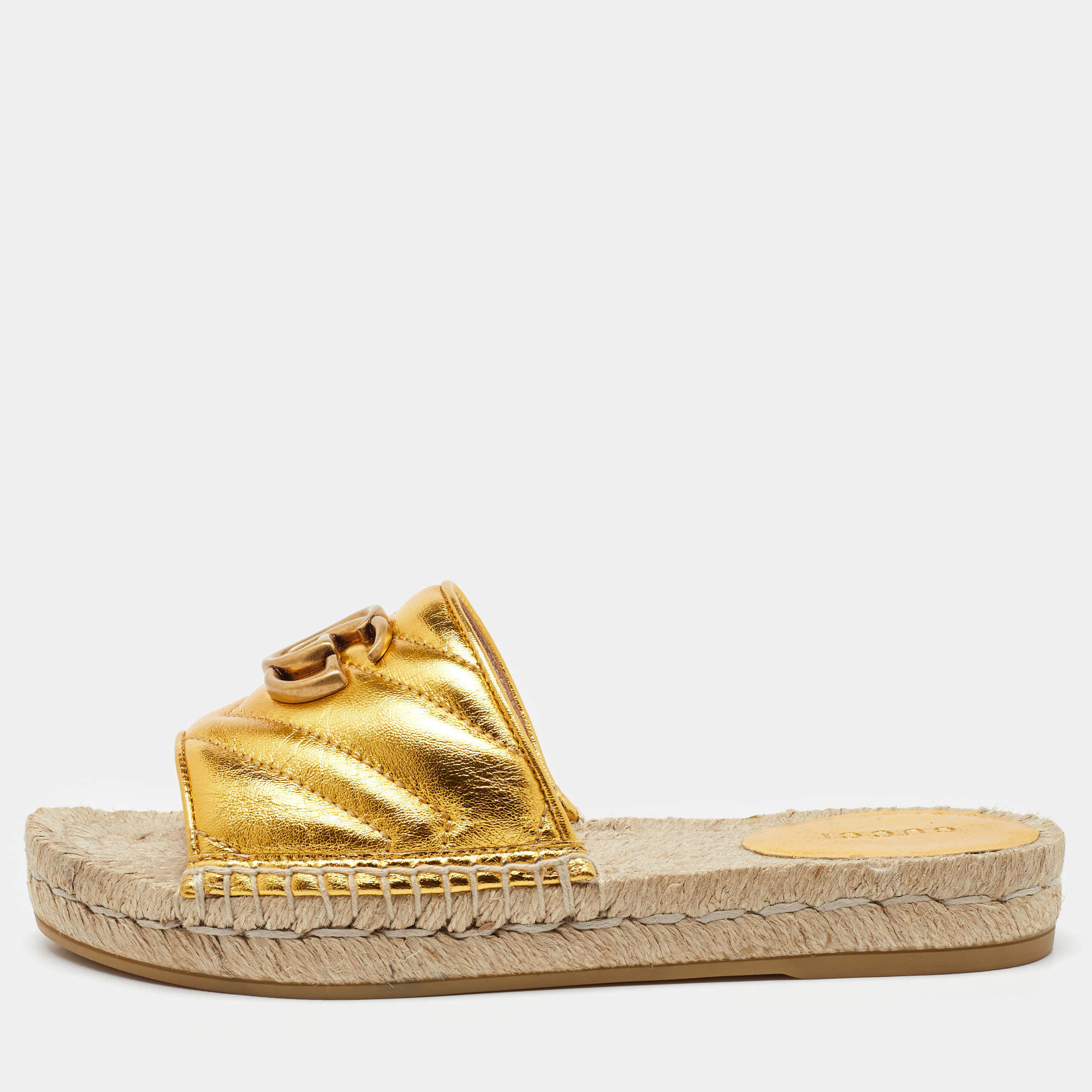 Pre Owned Gucci Metallic Gold Leather GG Marmont Pilar Espadrille Flat Slide Sandals Size 35