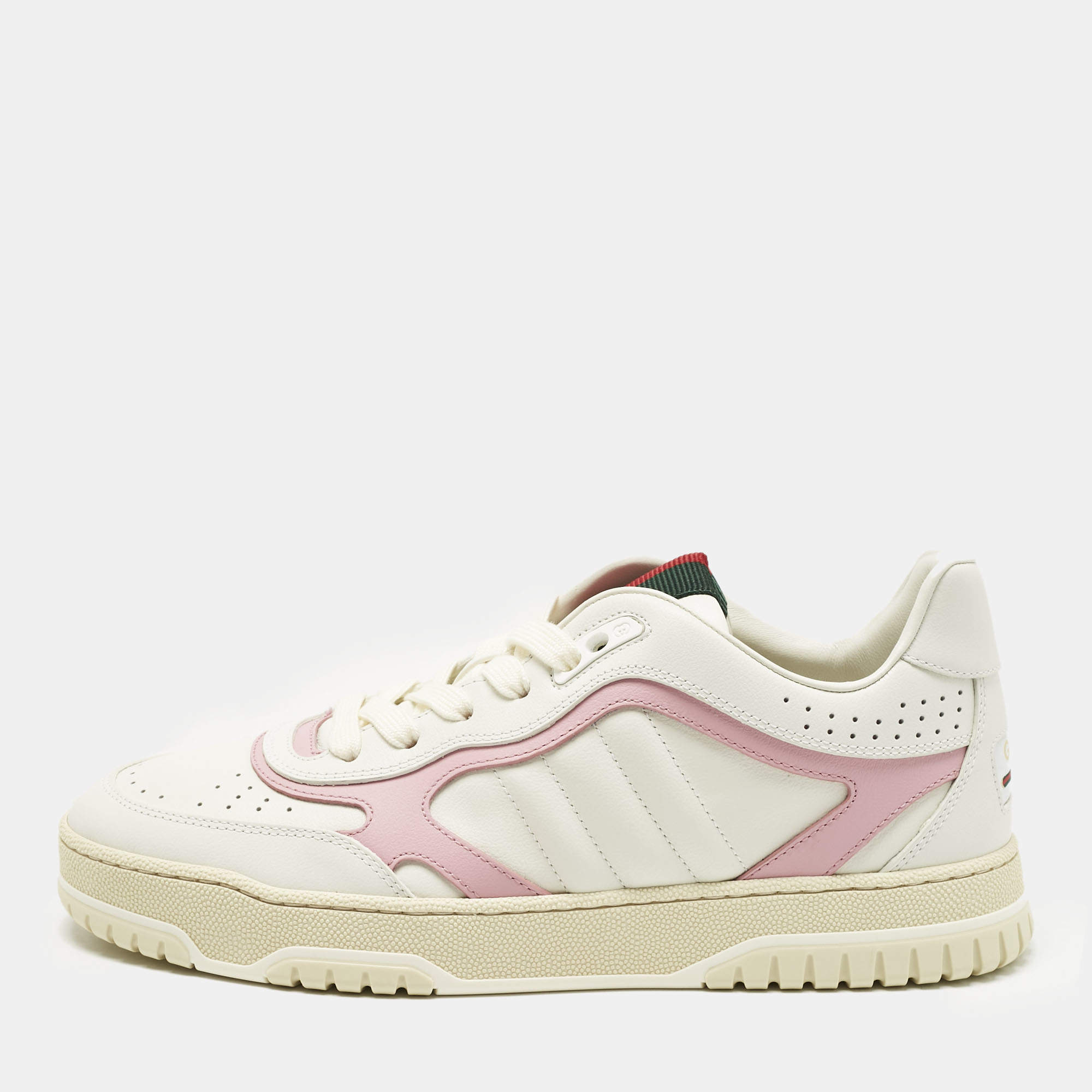 Pre Owned Gucci White/Pink Leather GG Lace Up Sneakers Size 39