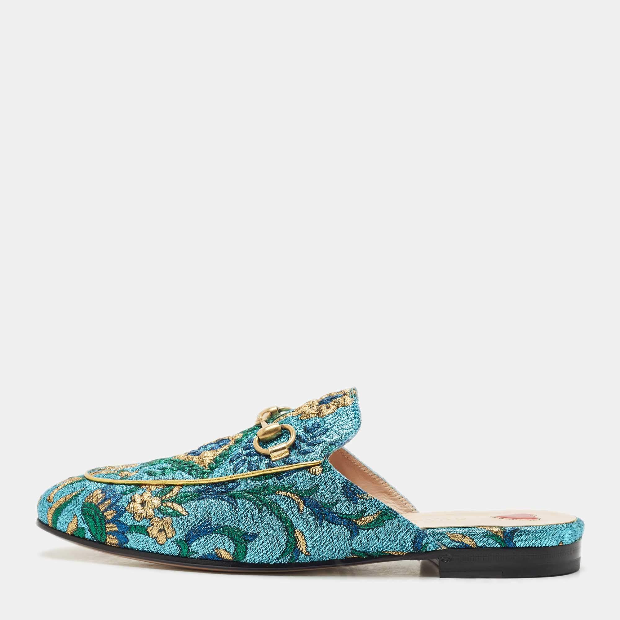 Pre Owned Gucci Multicolor Brocade Fabric Princetown Flat Mules Size 36