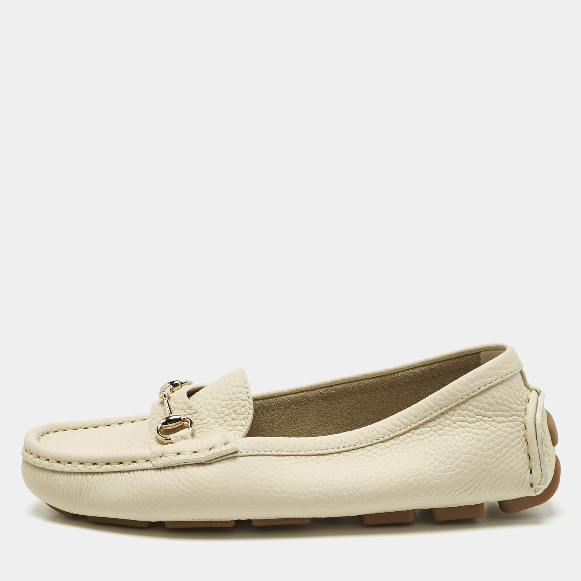 Pre Owned Gucci Ivory Leather Horsebit Driver Loafers Size 36.5