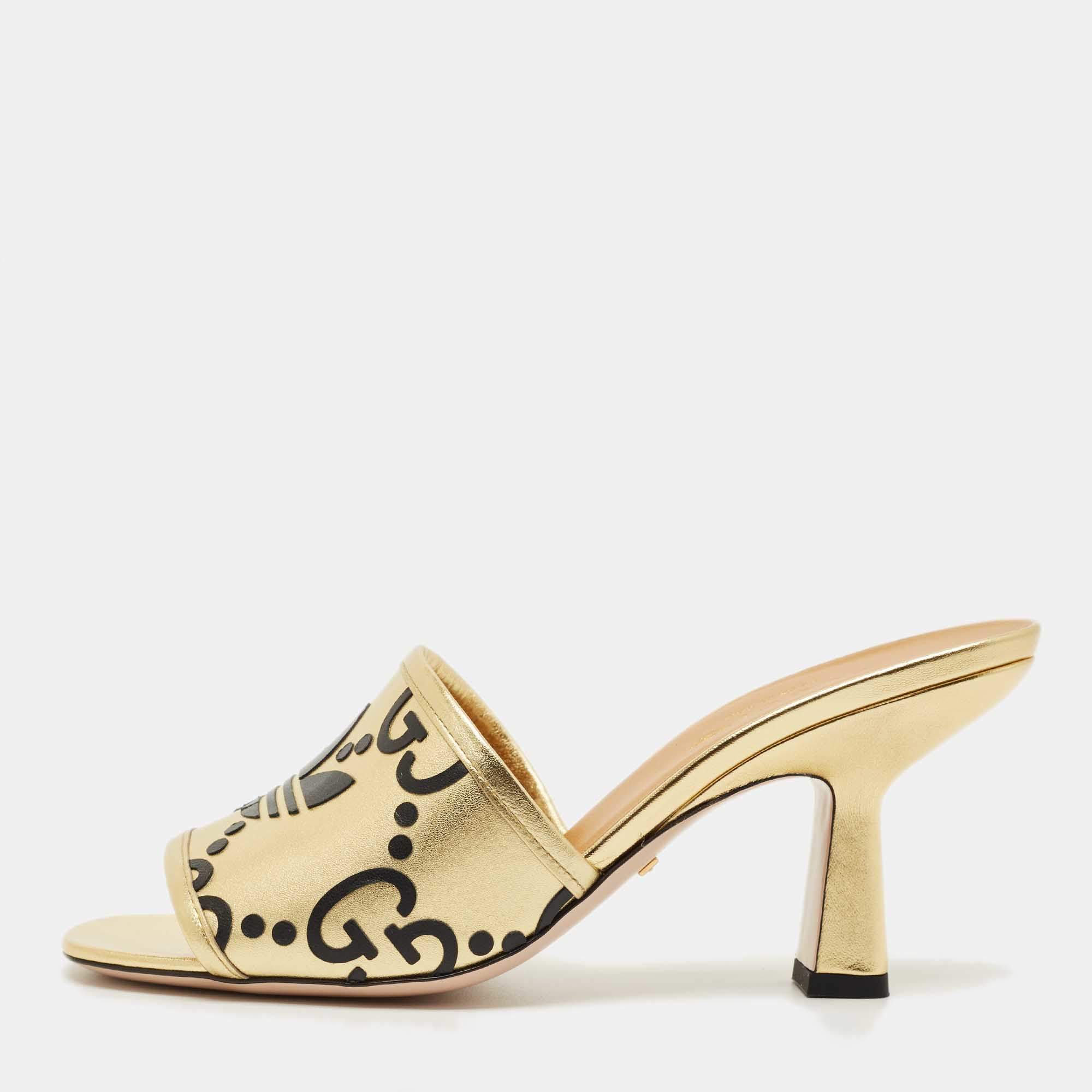 Pre Owned Gucci x Adidas Gold Leather Nappa Silk Slide Sandal Size 36