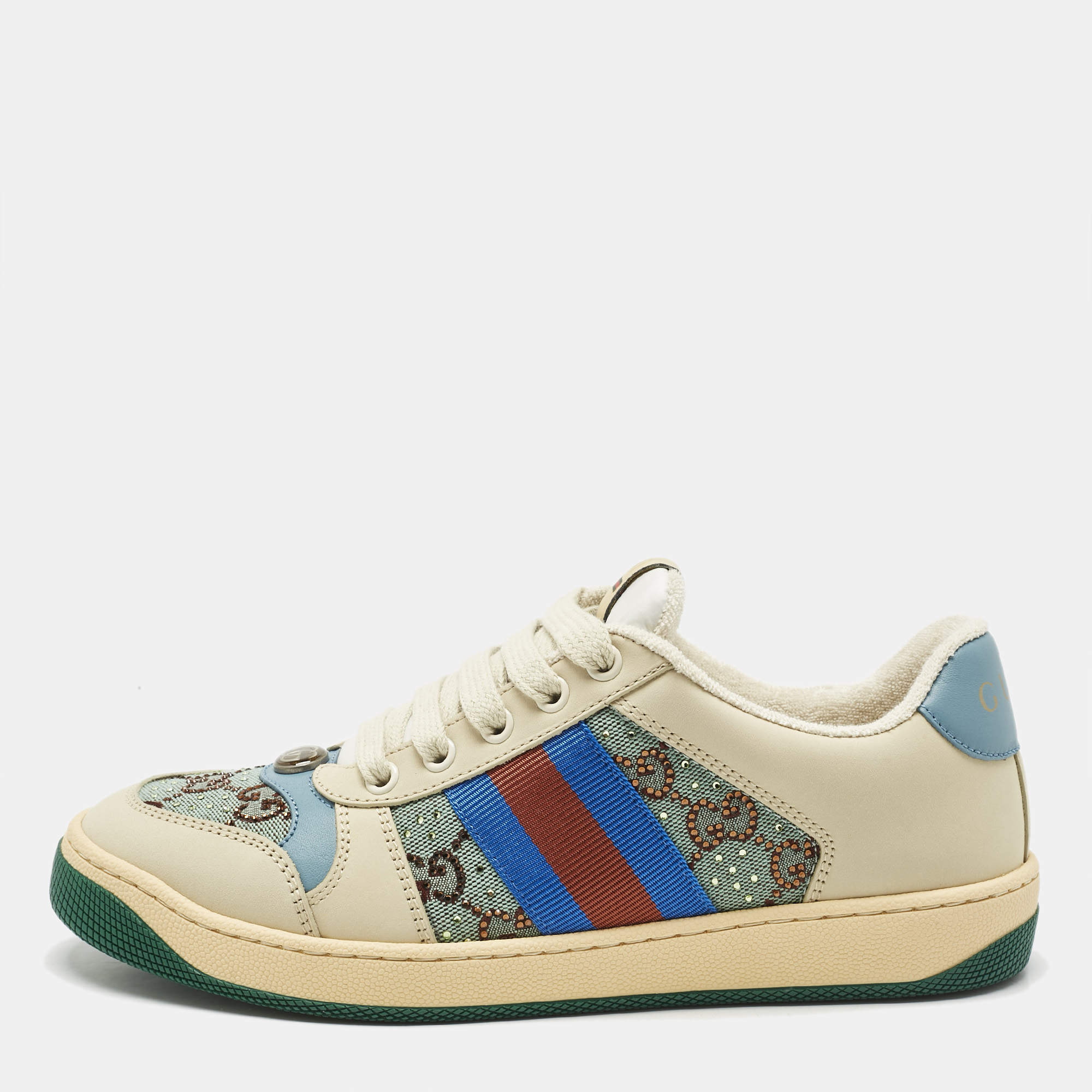 Pre Owned Gucci Multicolor Nubuck Leather and Crystal GG Canvas Screener Sneakers Size 37