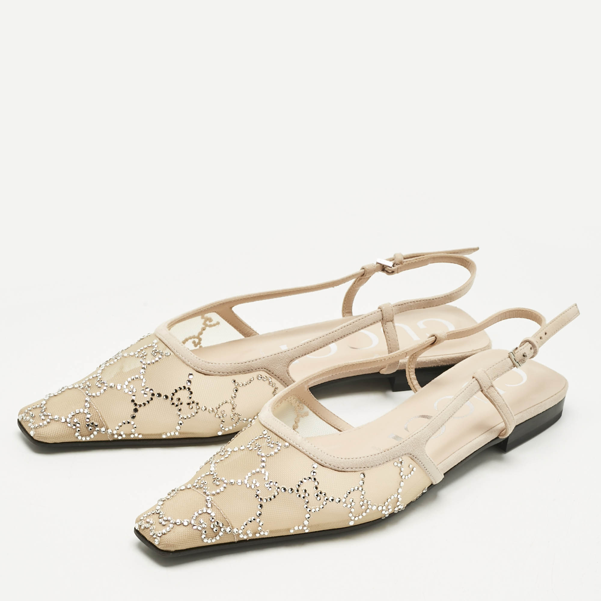 Pre Owned Gucci Beige Suede and Mesh Crystal Embellished Slingback Flats Size 37.5