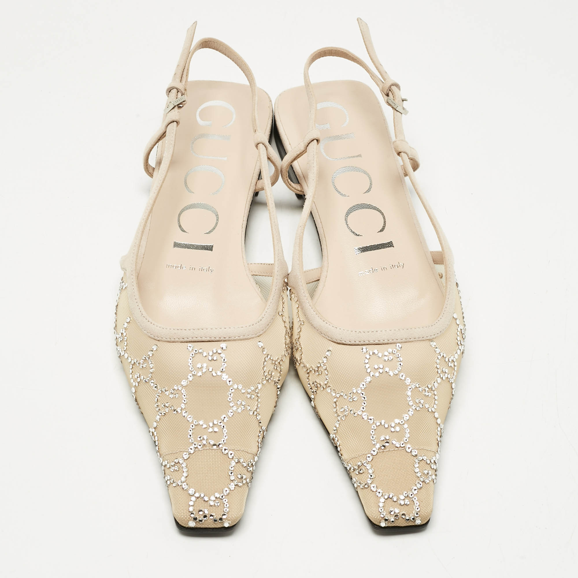 Pre Owned Gucci Beige Suede and Mesh Crystal Embellished Slingback Flats Size 37.5