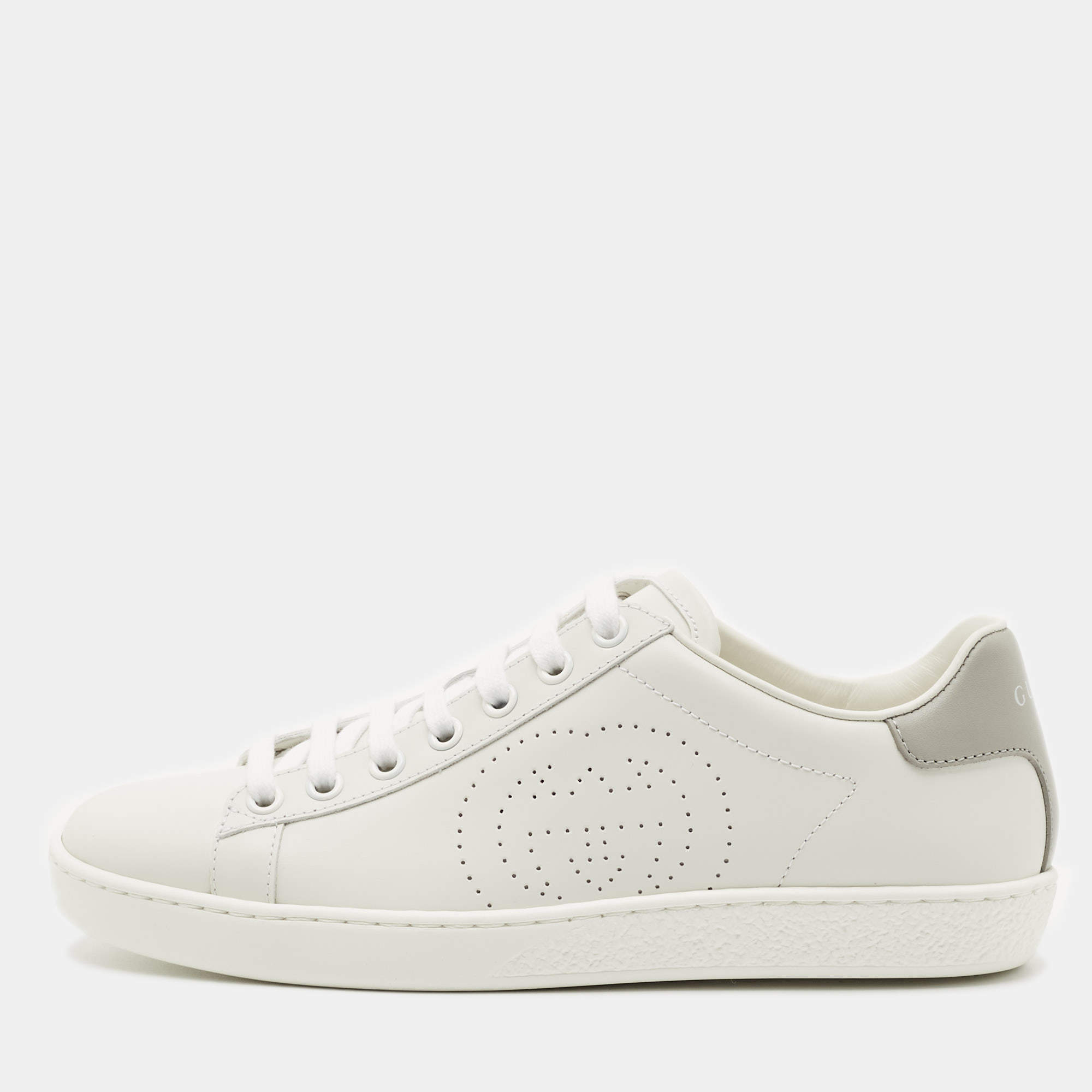 Pre Owned Gucci White Perforated Interlocking G Leather Ace Sneakers Size 36