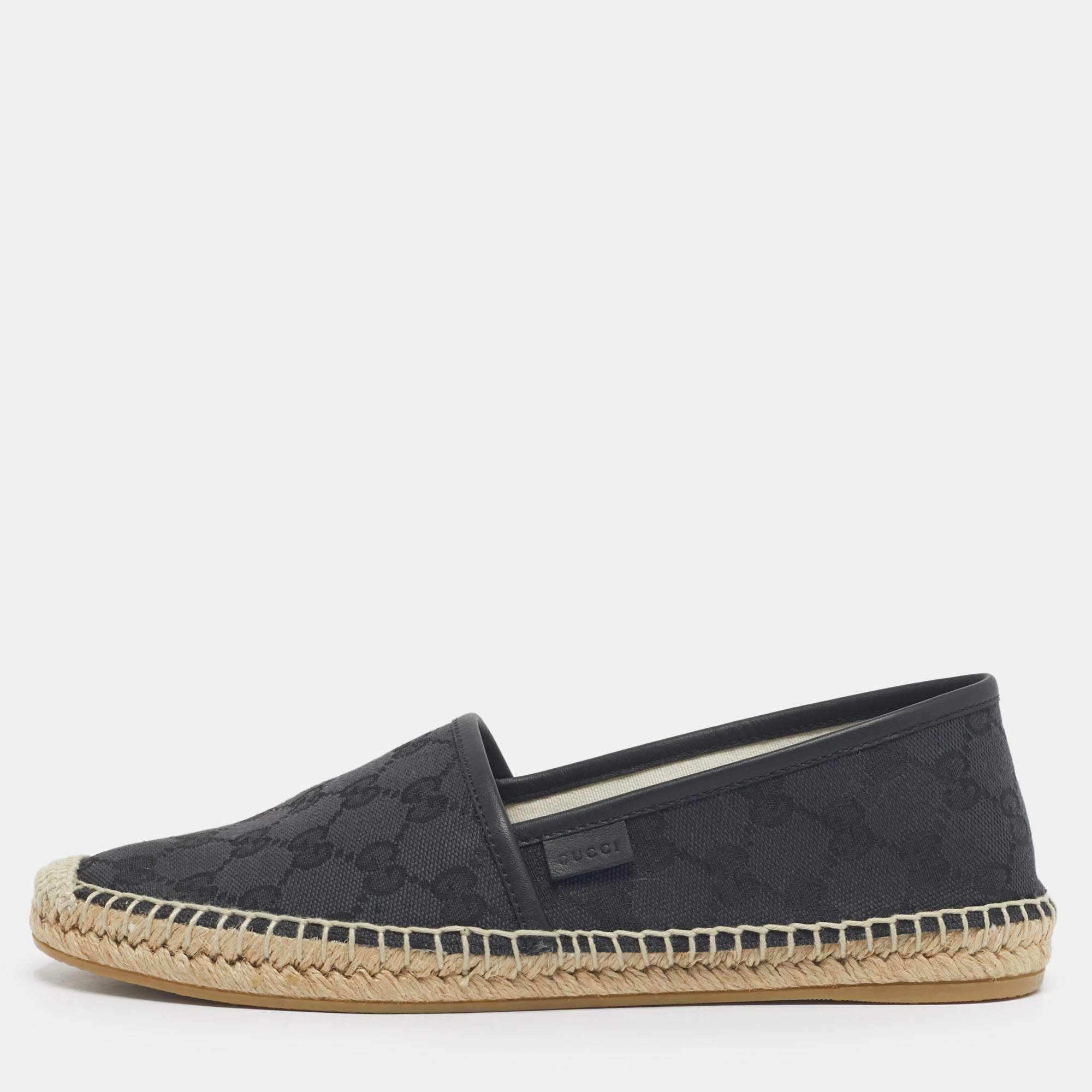 Pre Owned Gucci Navy Blue/Black Denim and Leather GG Canvas Espadrille Flats Size 38.5