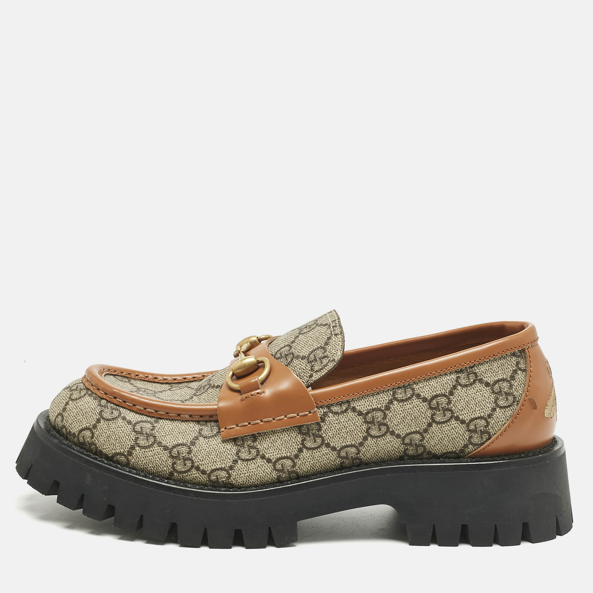 Pre Owned Gucci Beige Coated Canvas and Leather Horsebit GG Canvas Platform Loafers Size 39.5