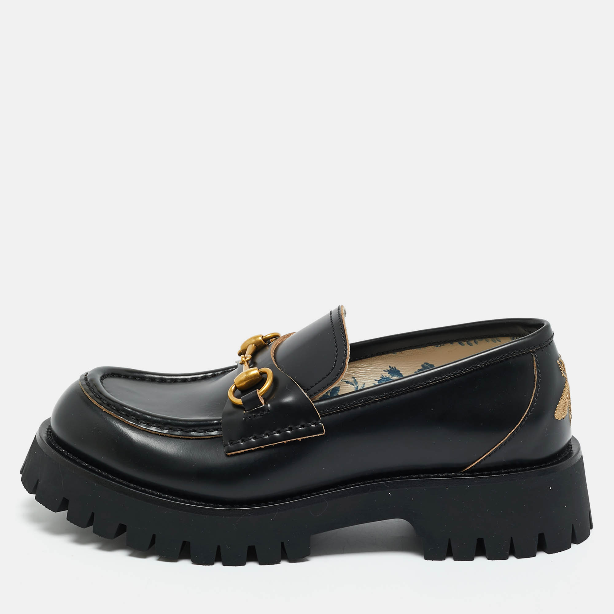 Pre Owned Gucci Black Leather Horsebit Loafers Size 38.5