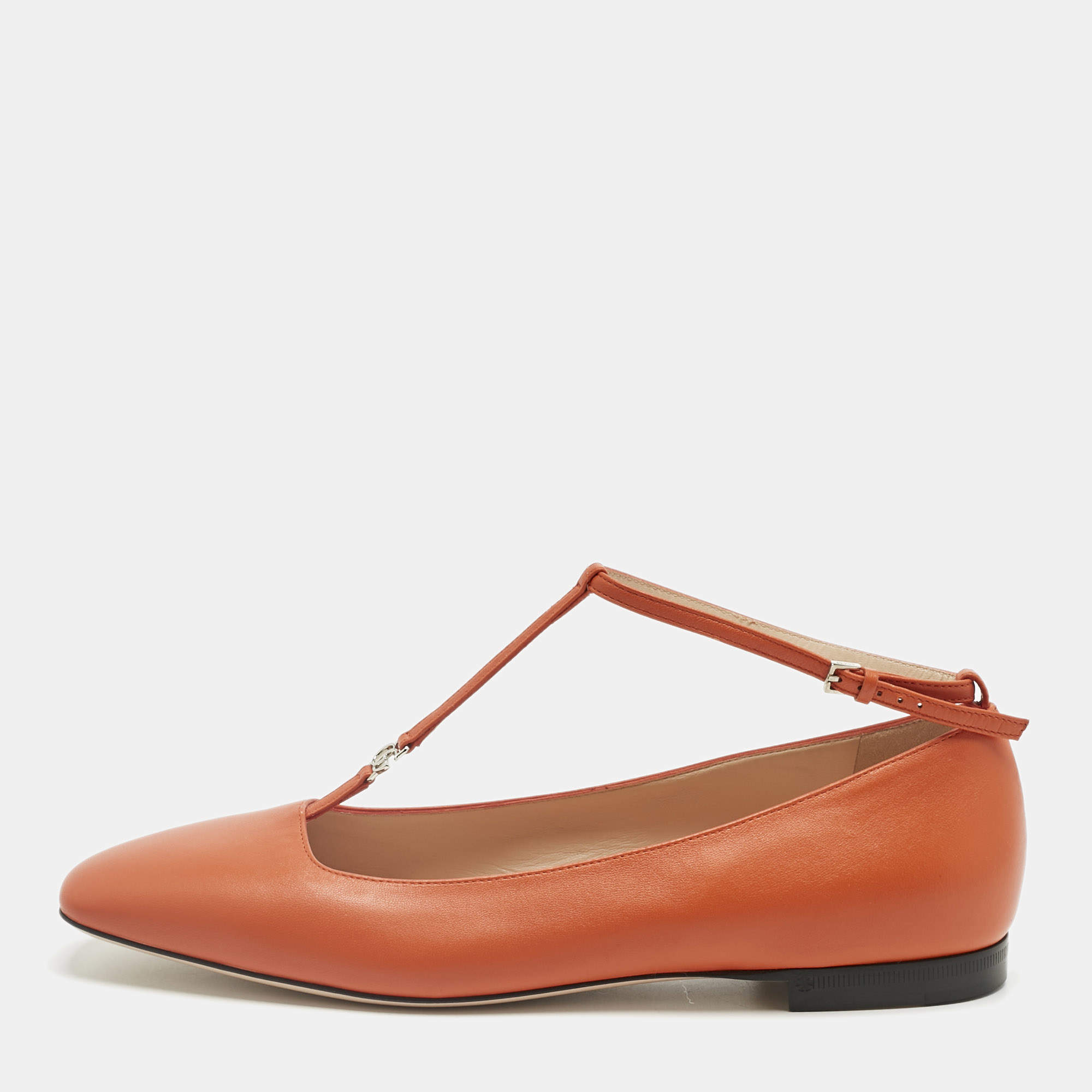 Pre Owned Gucci Orange Leather Interlocking G Logo T Strap Ballet Flats Size 40