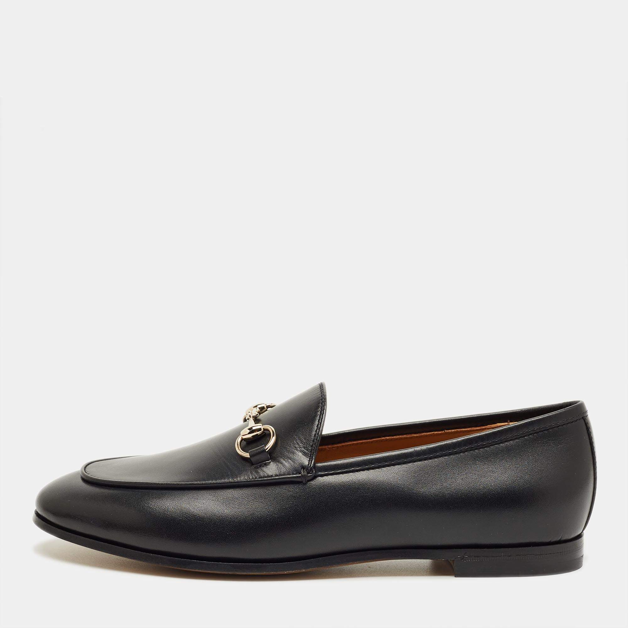 Pre Owned Gucci Black Leather Jordaan Loafers Size 37.5