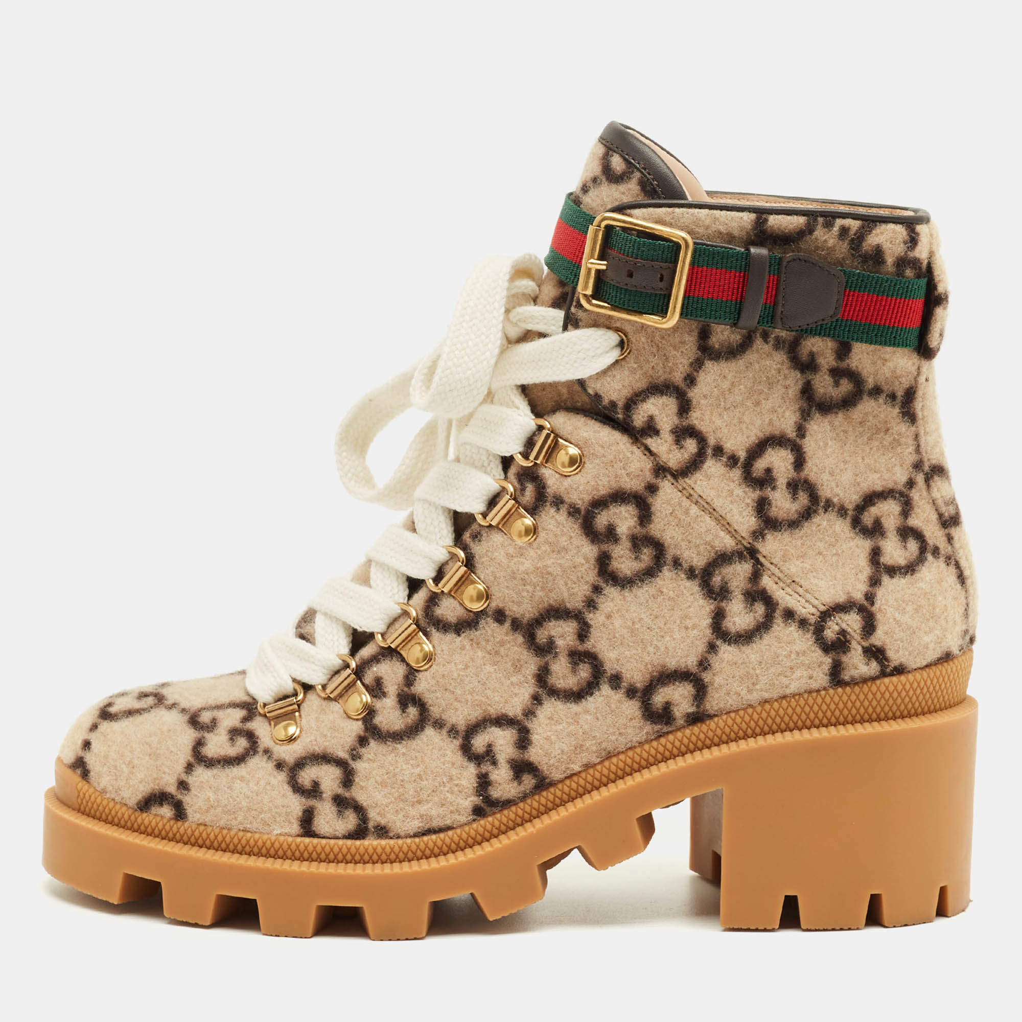 Pre Owned Gucci Brown Wool Sylvie Ankle Length Boots Size 38