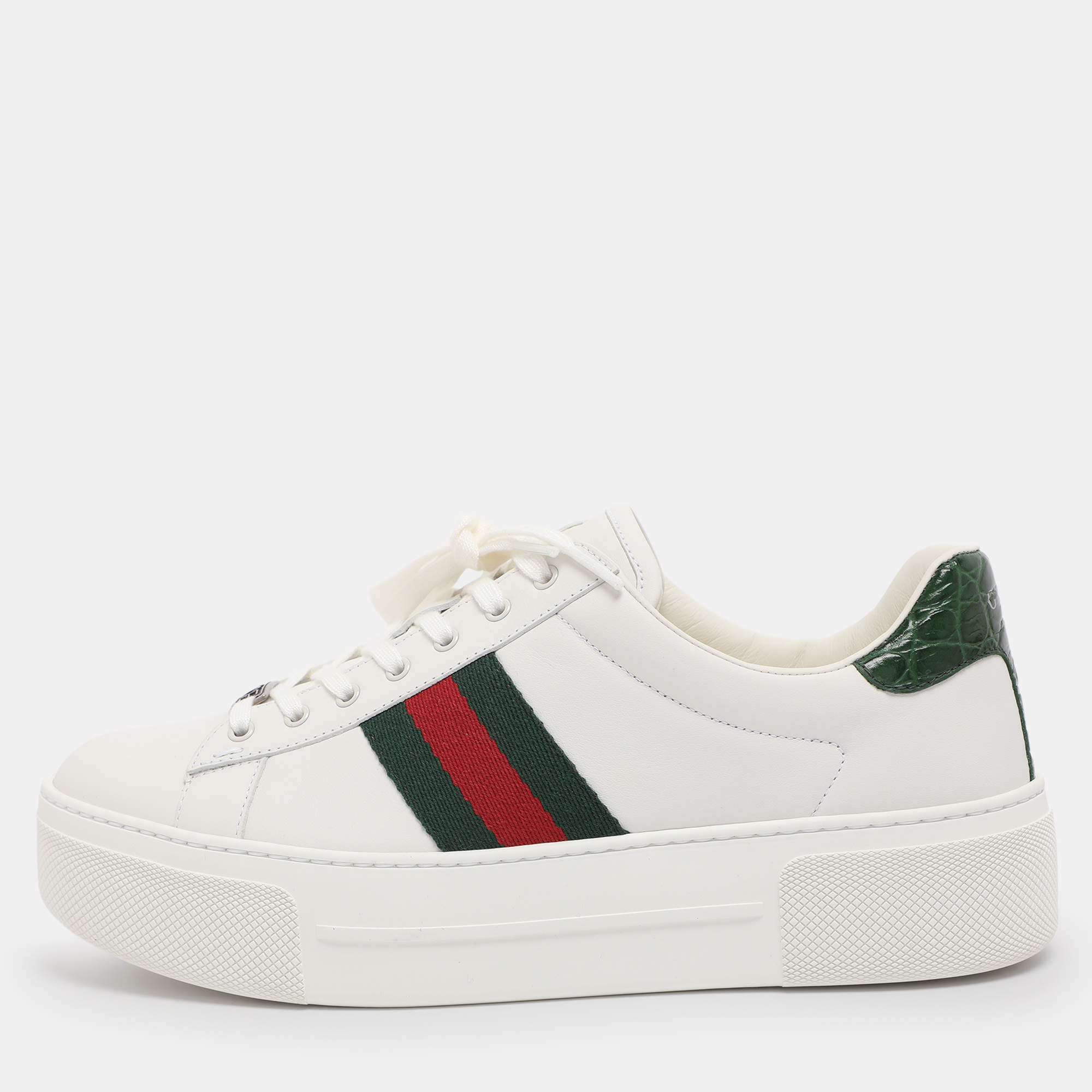 Pre Owned Gucci White Leather Web Ace Platform Sneakers Size 39.5